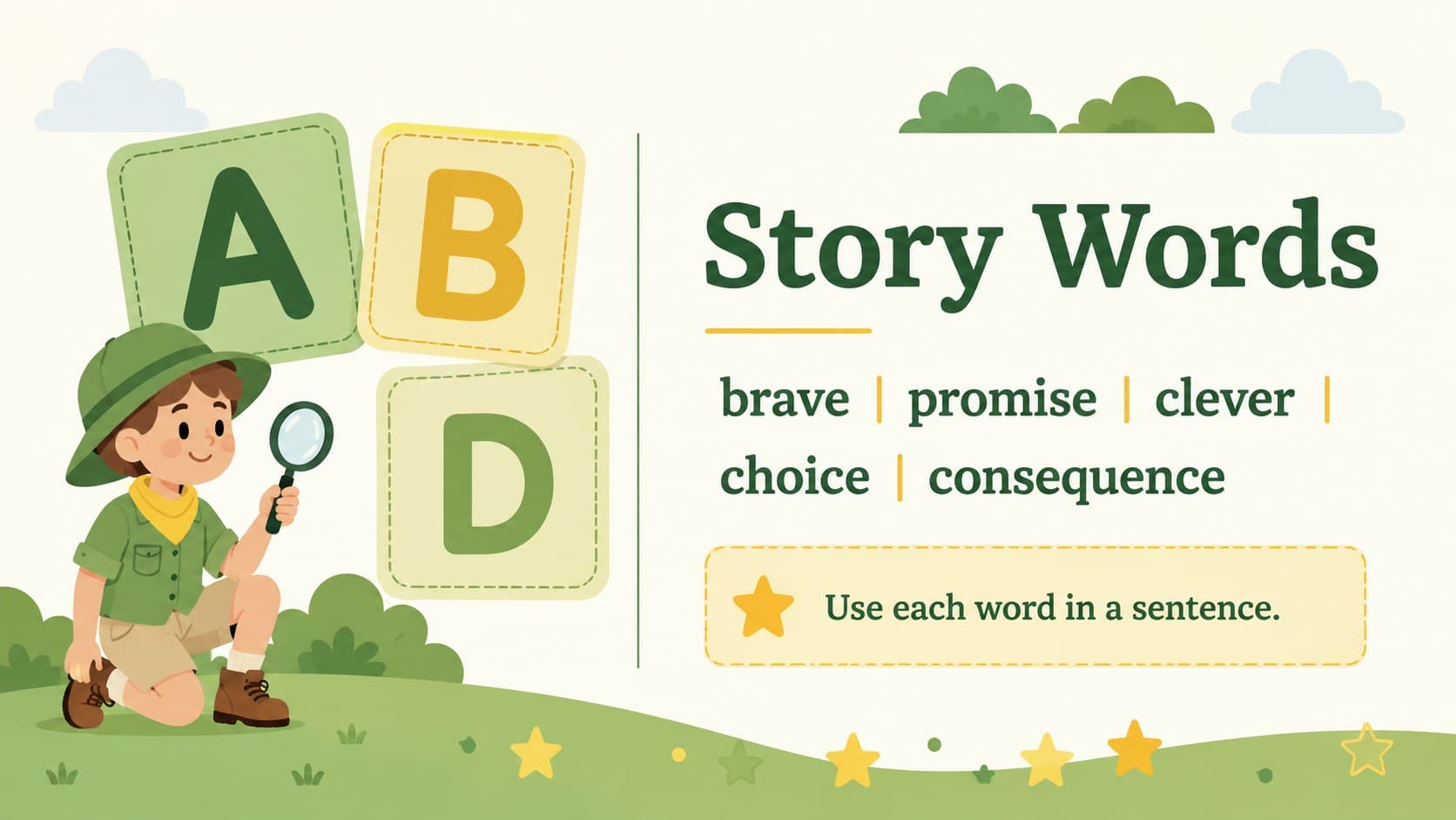 Fable classroom slide displaying vocabulary words beside colorful illustrated reading cues.