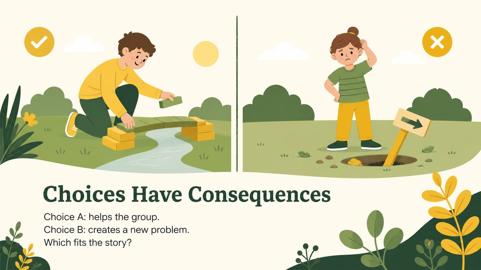 PowerPoint fable lesson template slide with a comparison layout for character choices and outcomes.