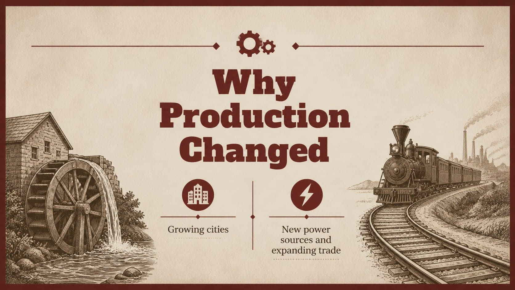 Historical context slide explaining why mechanized production expanded during the factory age.