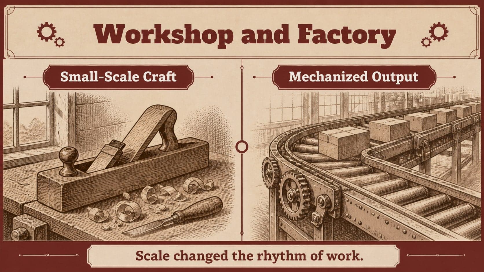 Before-and-after comparison slide contrasting workshop production with mechanized factory output.