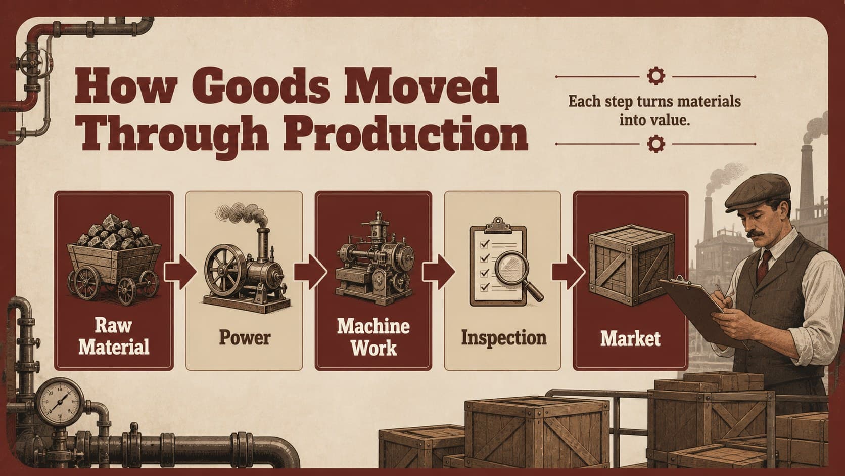 Manufacturing history presentation slide visualizing the movement of raw materials through a production sequence.