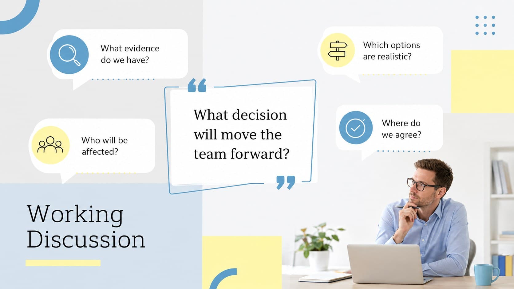 Faculty discussion slide with prompts for evidence, options, impact, and agreement.
