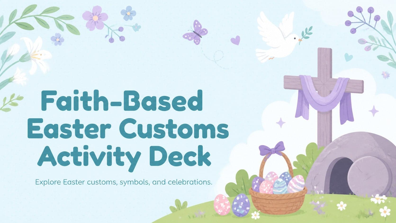 Cover of the Faith-Based Easter Customs Activity Deck with pastel blue and purple seasonal illustrations.