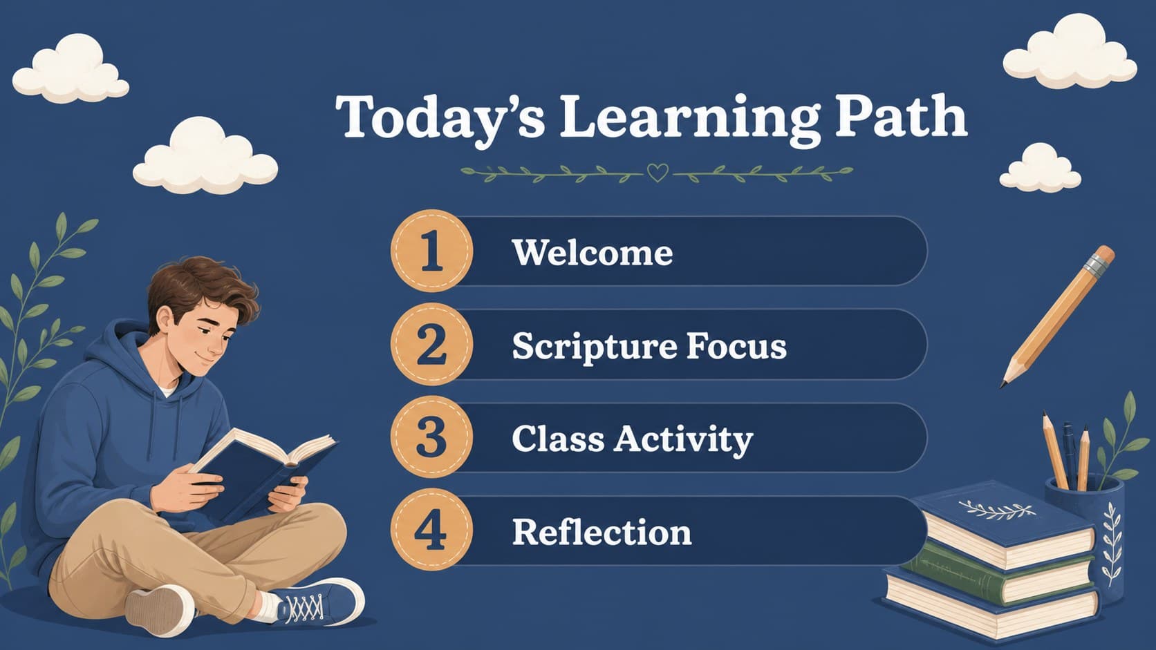 Illustrated blue agenda slide outlining a Christian school curriculum presentation.