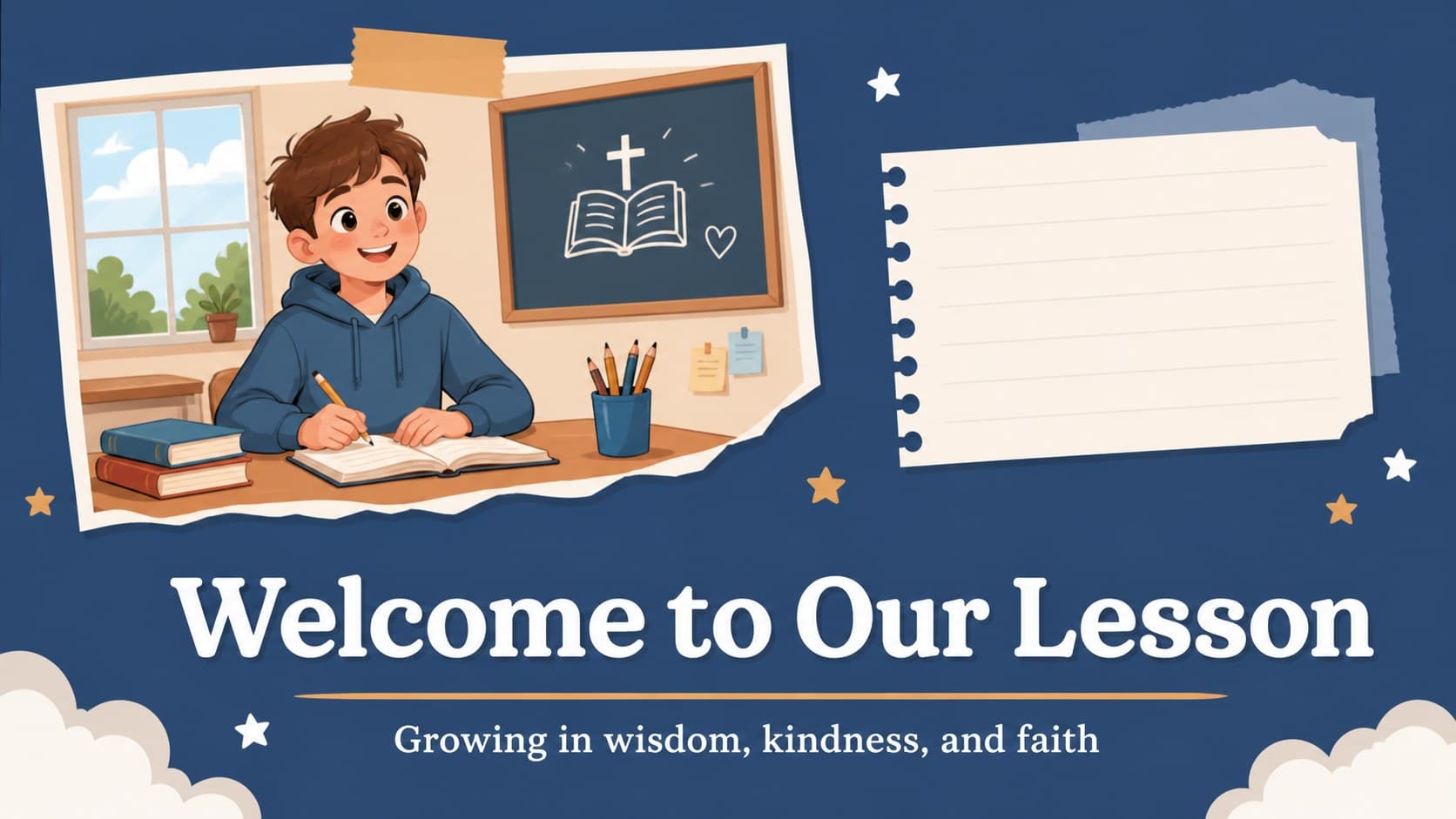 Blue lesson-opening slide with an illustrated classroom scene for faith-based teaching.