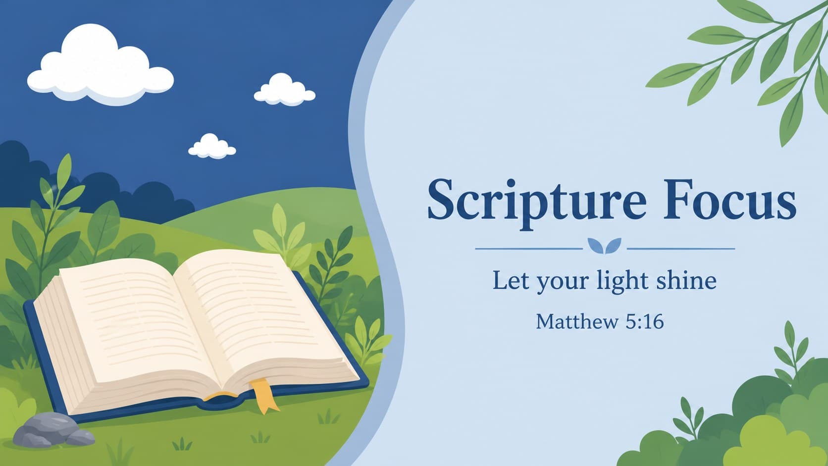 Illustrated scripture-focus slide featuring blue book and classroom motifs.