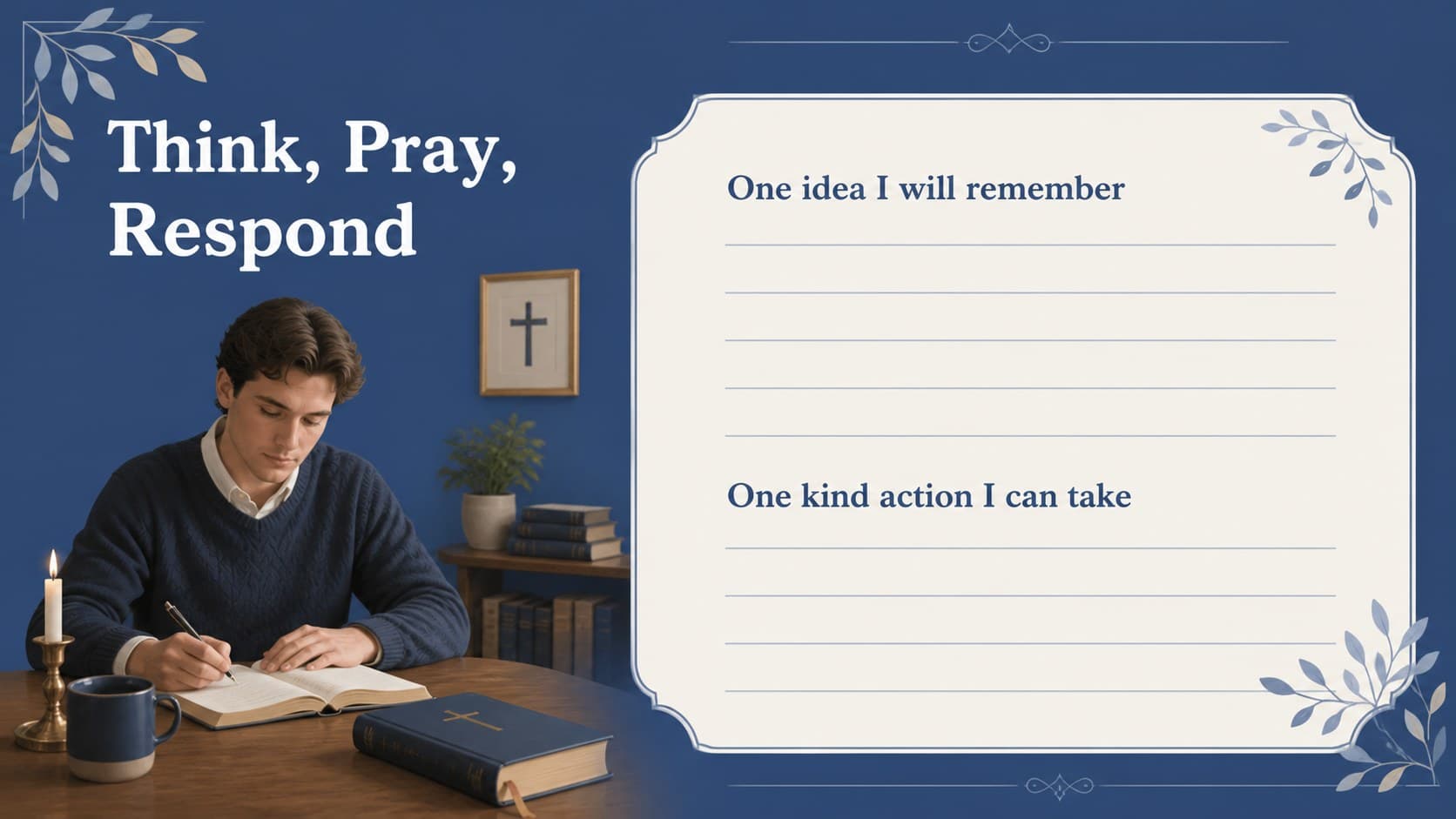 Illustrated reflection slide with blue journal imagery for Christian classroom discussion.