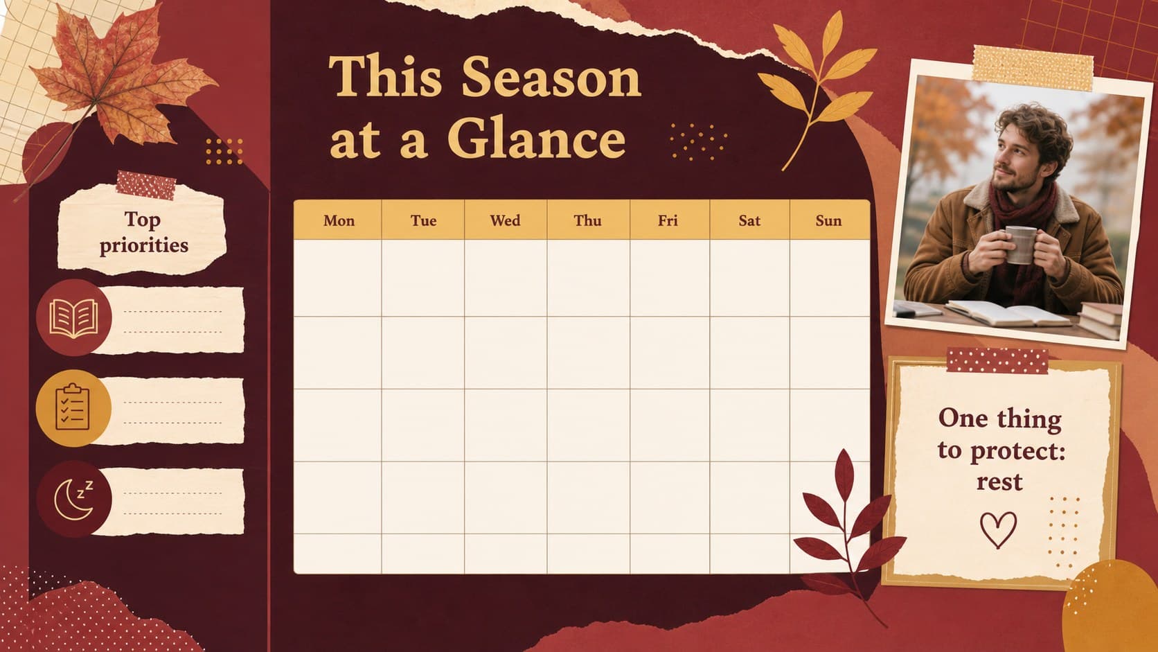 Fall planning overview slide with colorful priority labels, a weekly calendar, and a student fall planning slides layout.