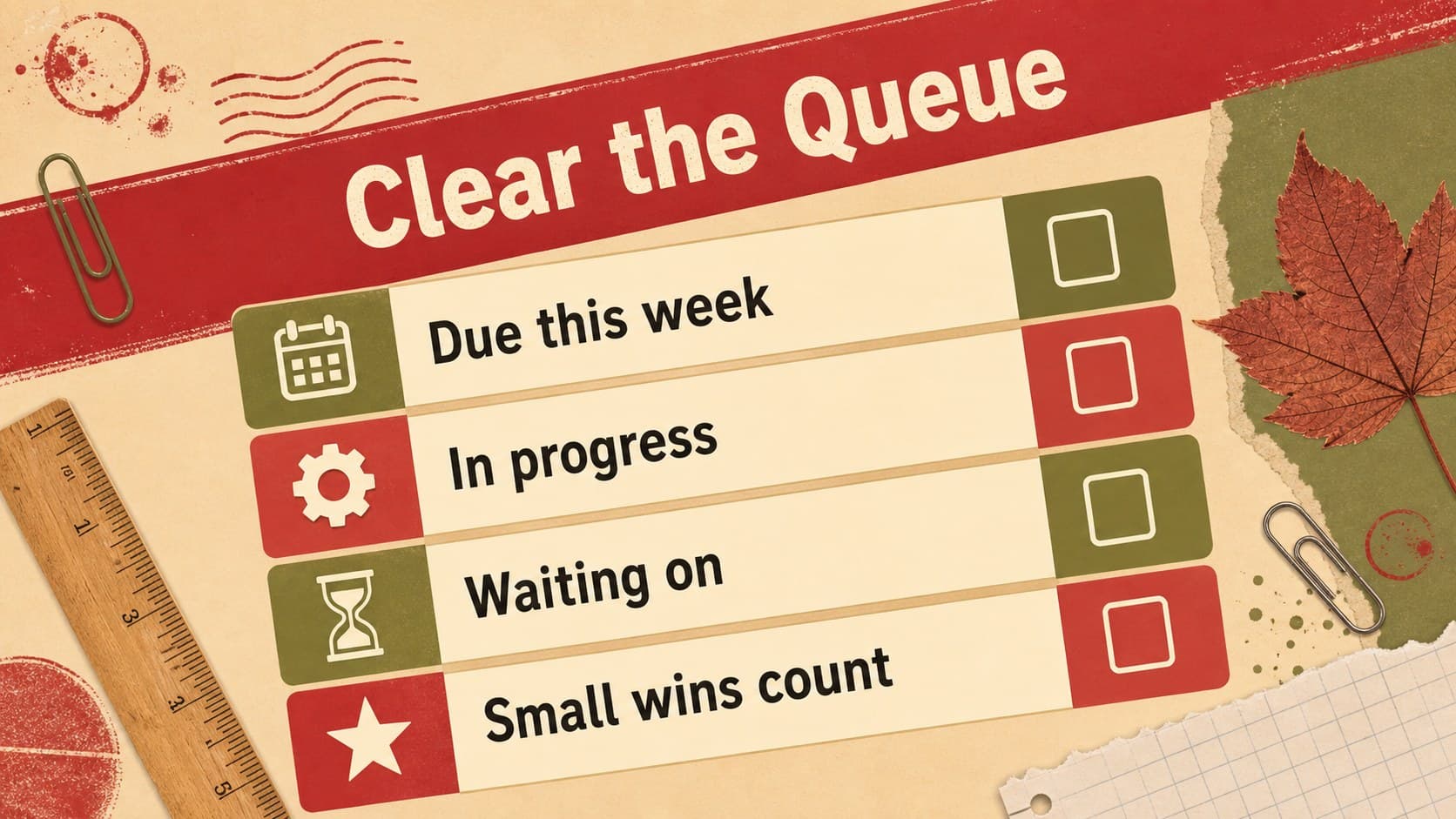 Academic workload organizer template slide displaying a categorized task list with autumn collage decorations.