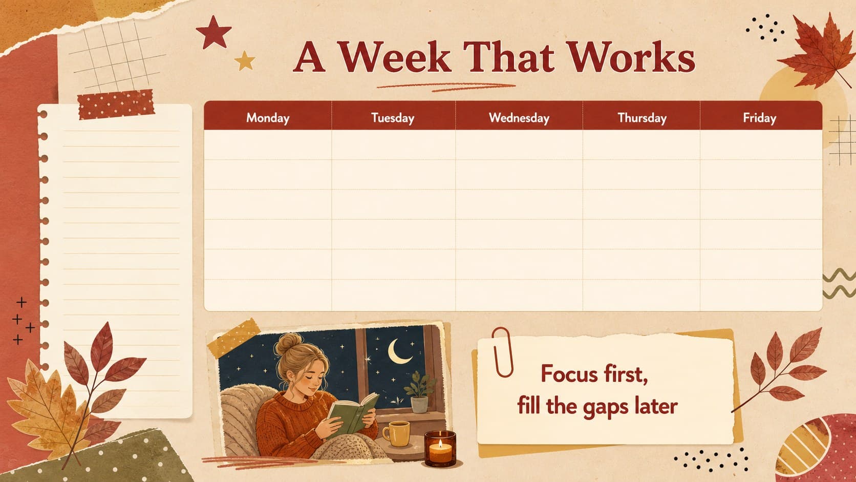 Autumn weekly schedule presentation slide with time blocks, handwritten accents, and a warm red planner design.