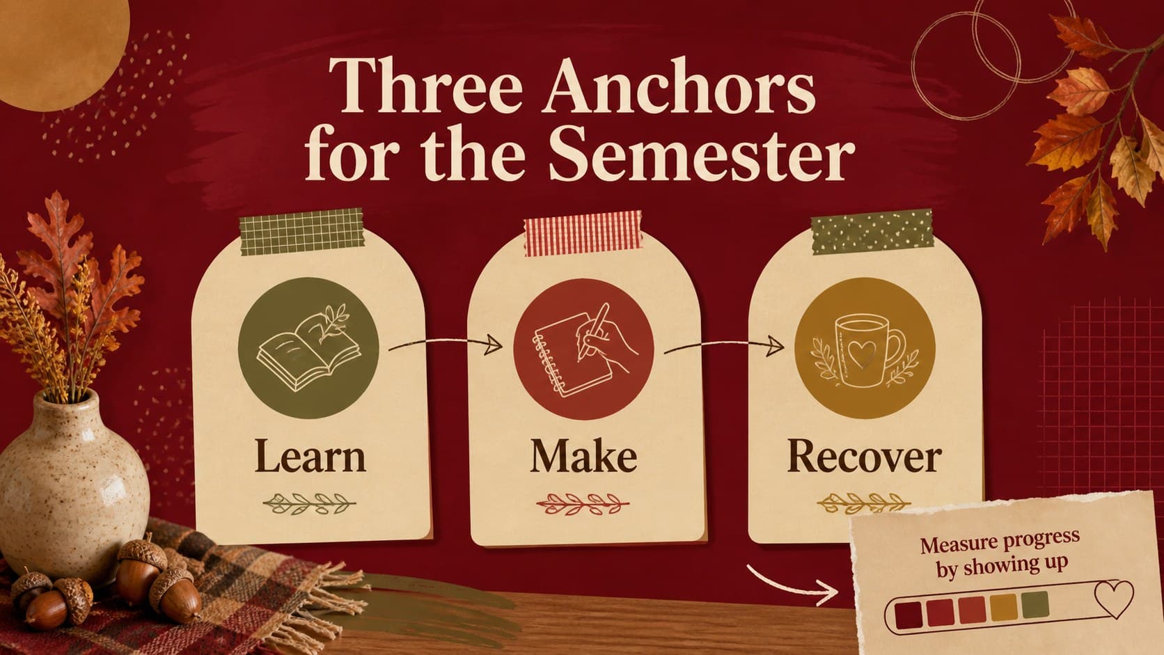 Semester goals slide featuring three illustrated goal cards, red leaves, and a colorful study planning layout.
