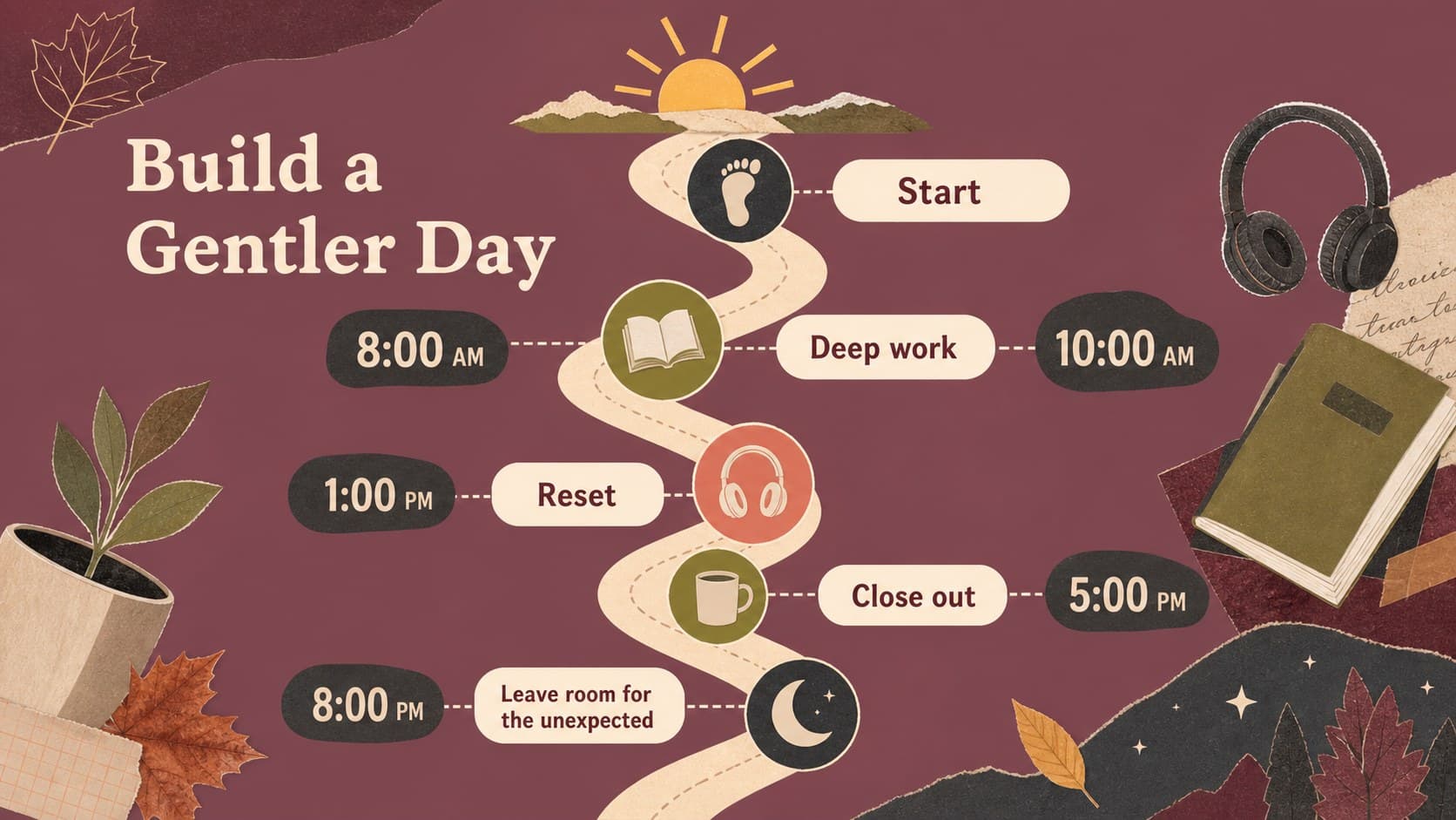 Daily routine slide showing a morning-to-evening flow with checklist icons in a red autumn scrapbook style.