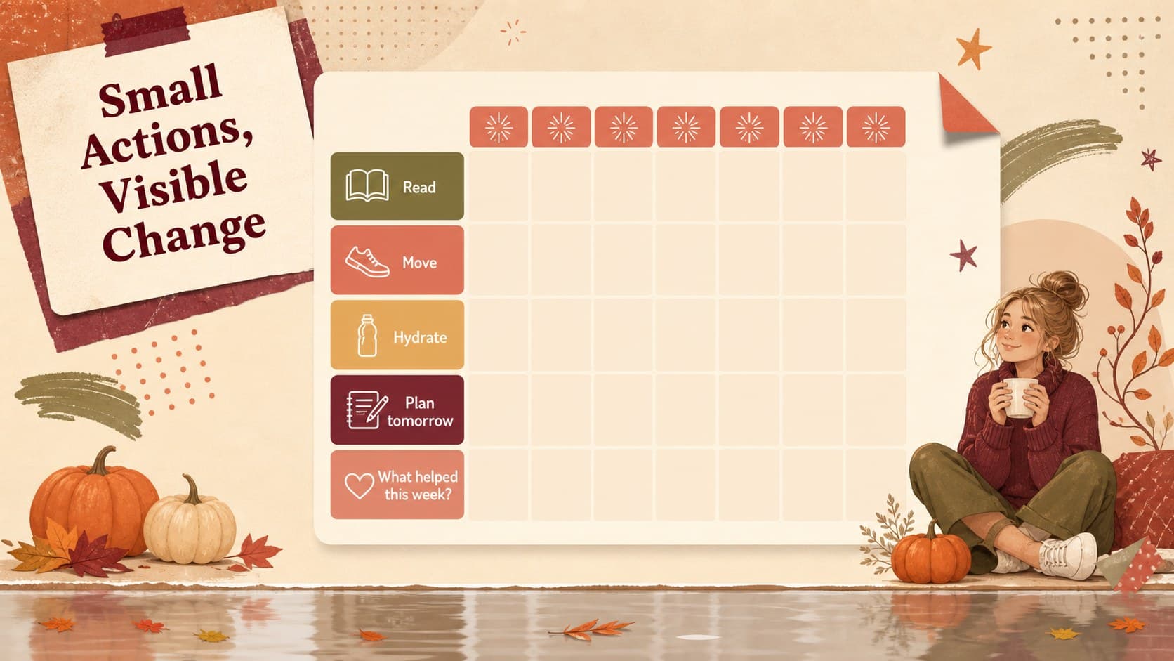 Habit tracker slide with a grid of weekly check-ins, red paper textures, and autumn leaf illustrations.