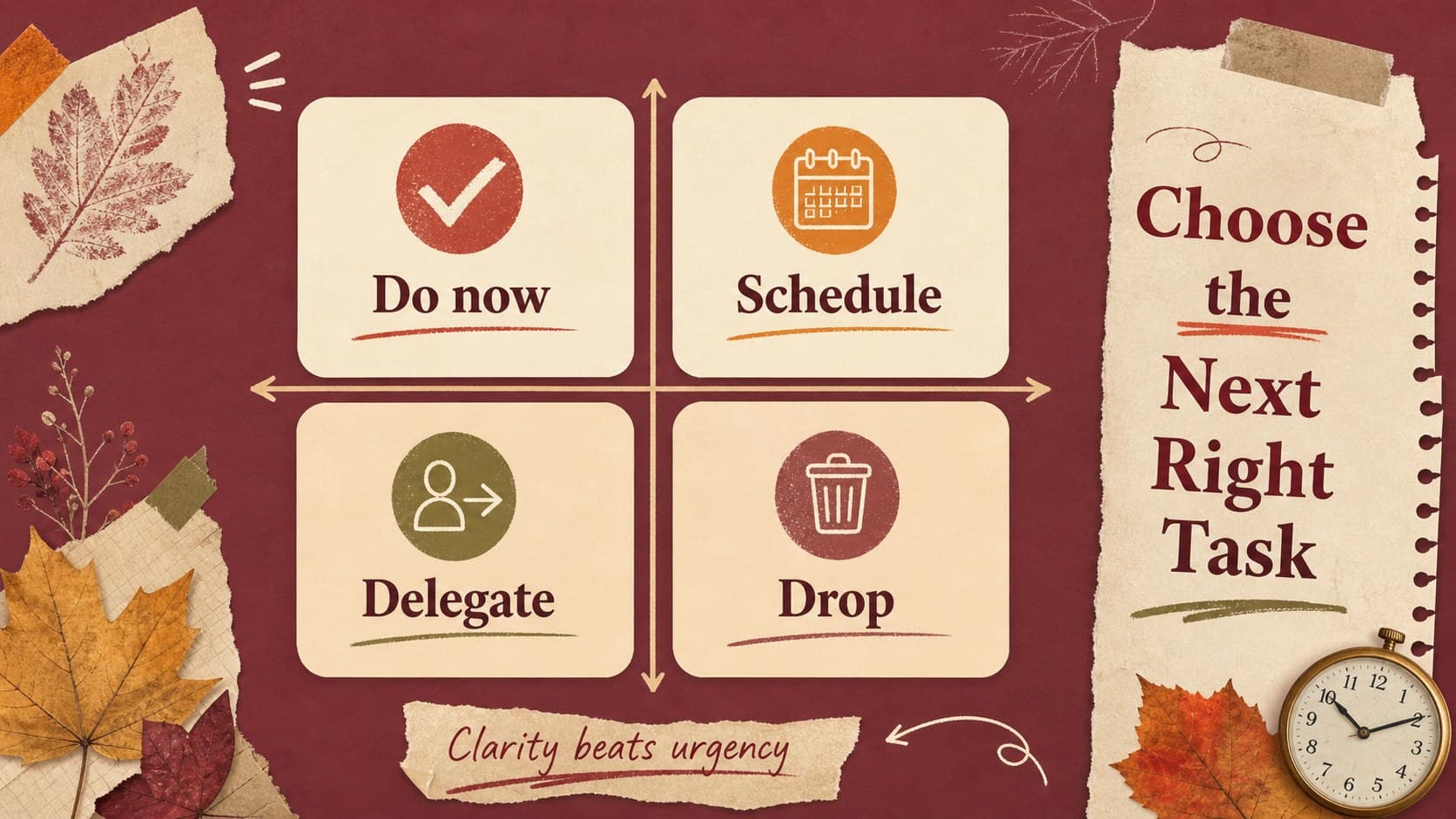 Priorities matrix slide organizing urgent and important tasks in a red mixed-media productivity layout.