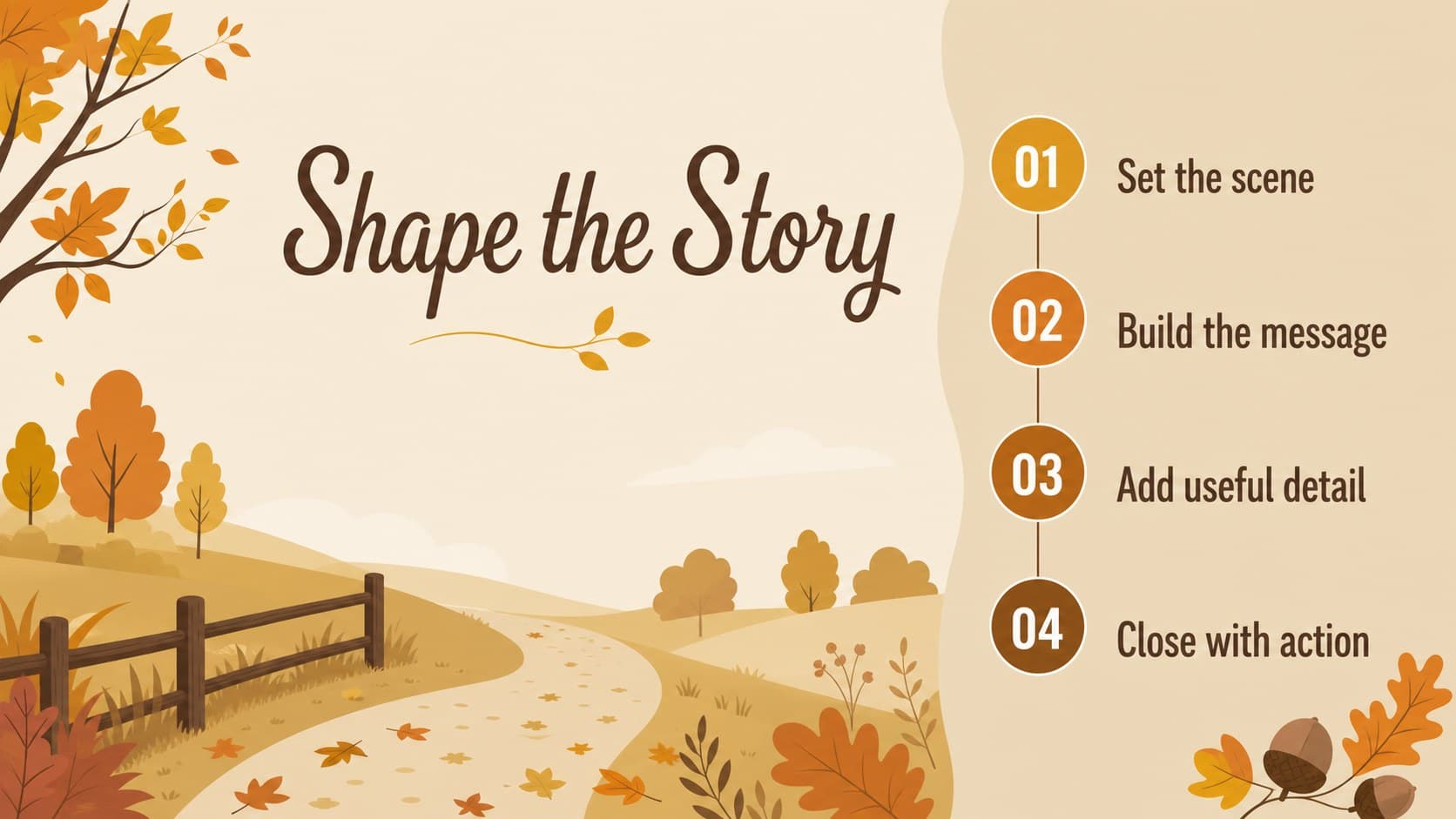 Agenda slide organizing seasonal stories, campaign ideas, lessons, and project updates in an autumn presentation.