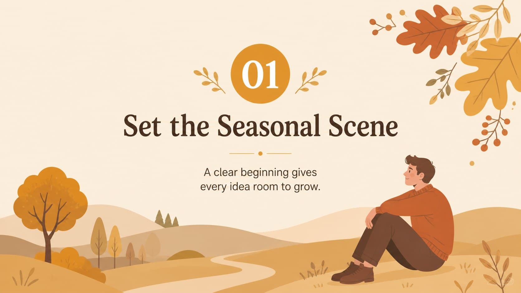 Section divider introducing a seasonal campaign story with a simple illustrated fall landscape.
