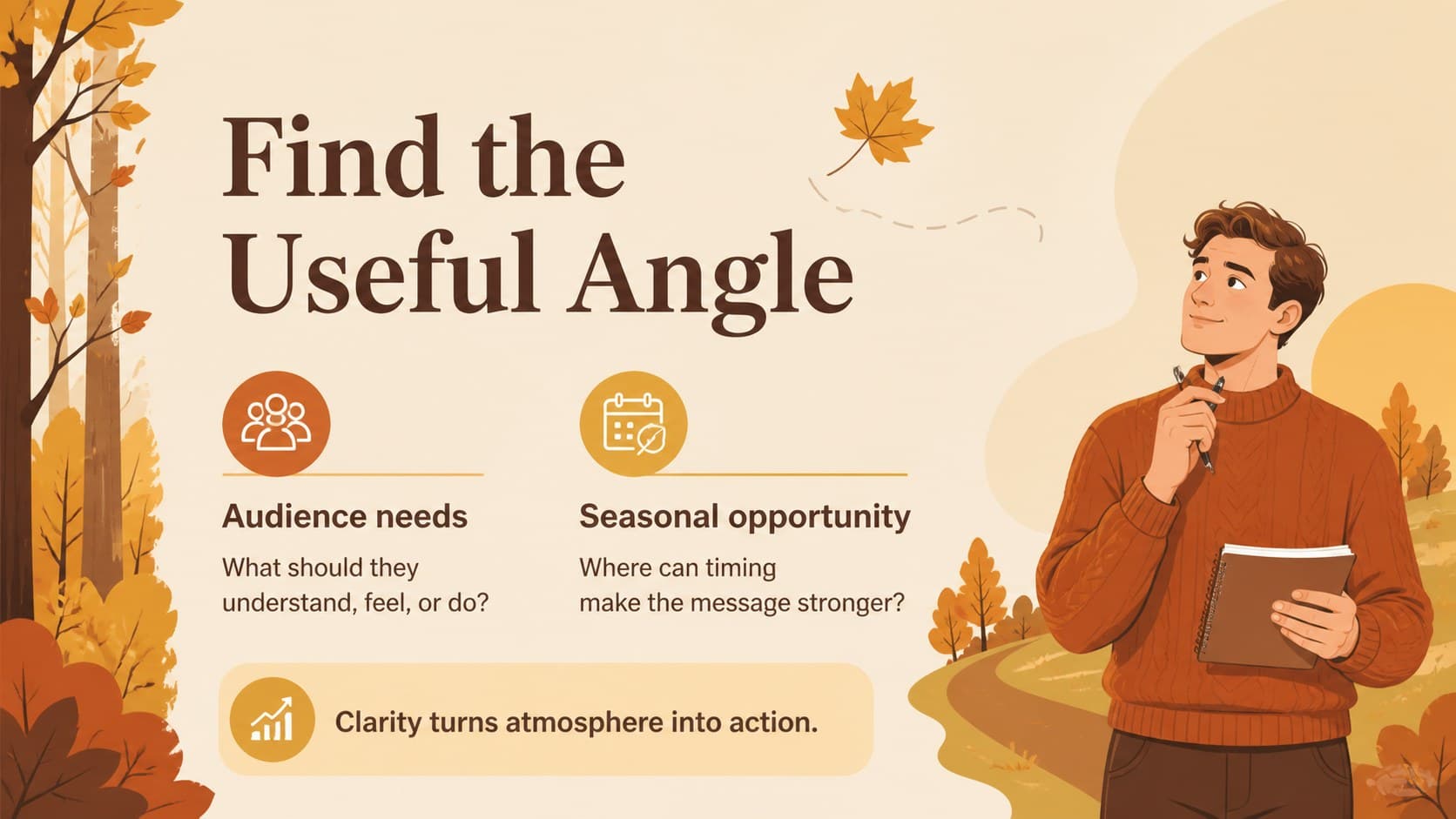 Two-column content slide comparing audience needs and seasonal opportunities in a warm autumn deck.