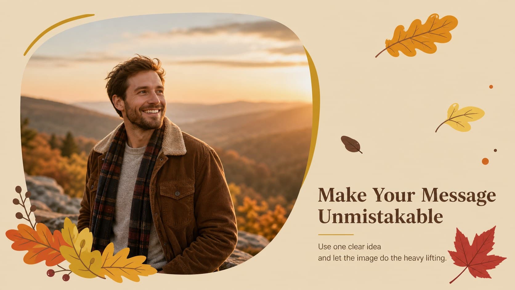 Image-led autumn slide showing a countryside illustration beside space for a seasonal message.