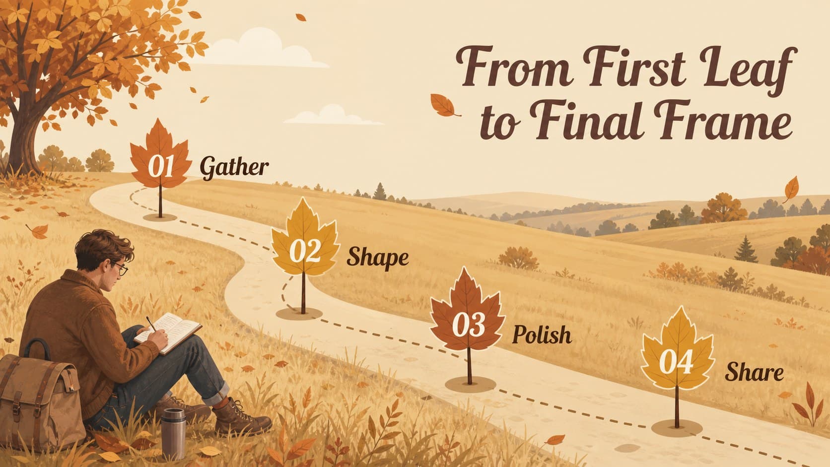 Timeline slide mapping a seasonal project from first idea to final presentation in a fall landscape theme.