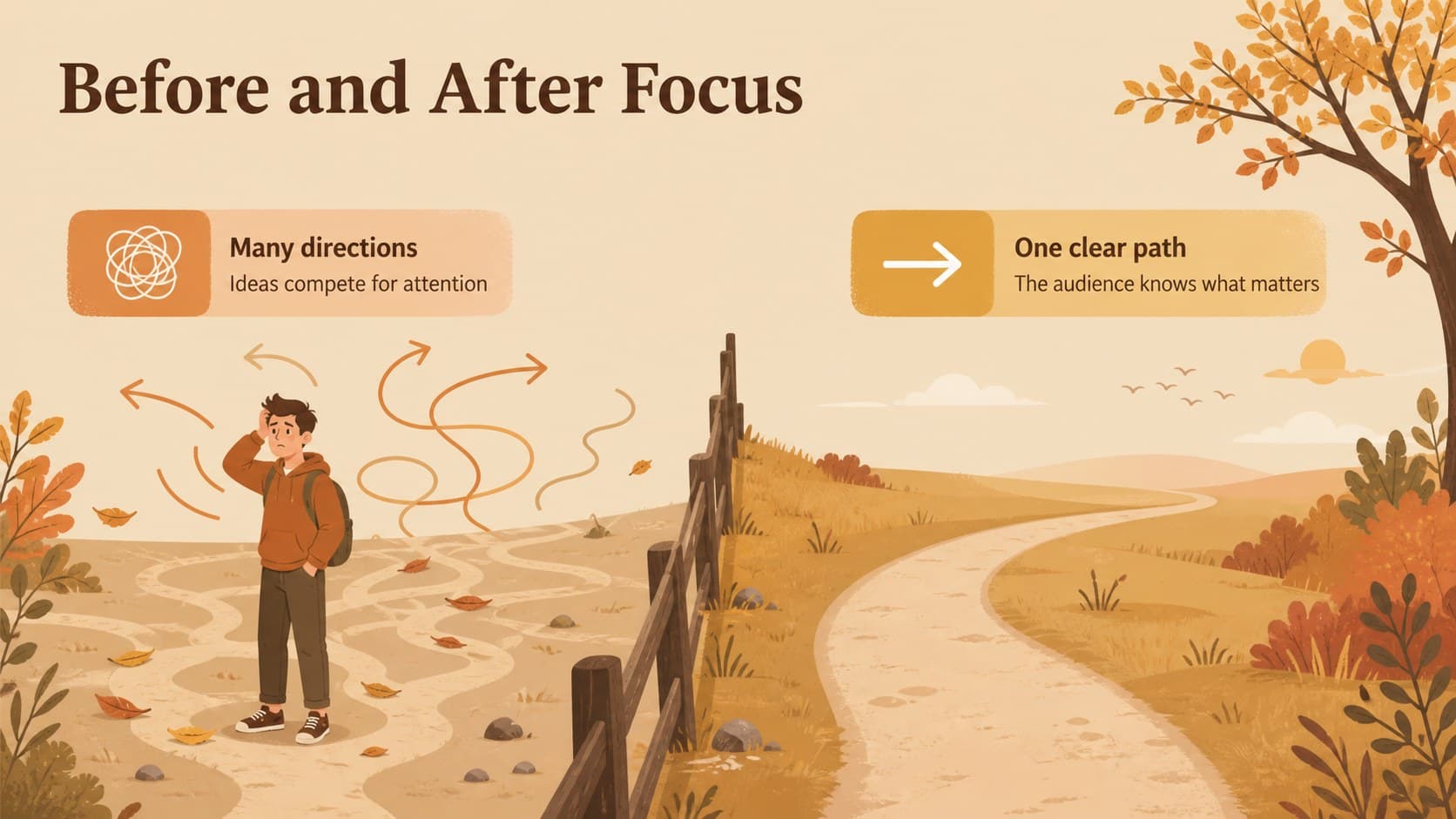 Comparison slide contrasting a scattered seasonal idea with a focused autumn presentation plan.