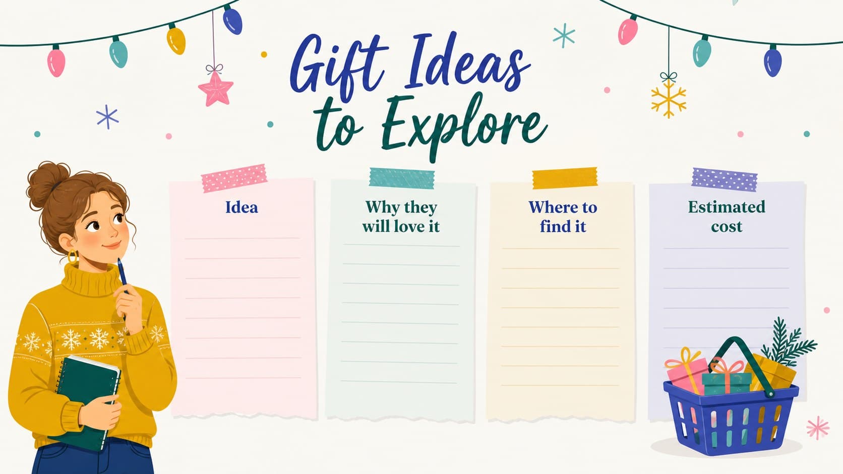 Colorful gift idea board slide for recording presents and personal notes.