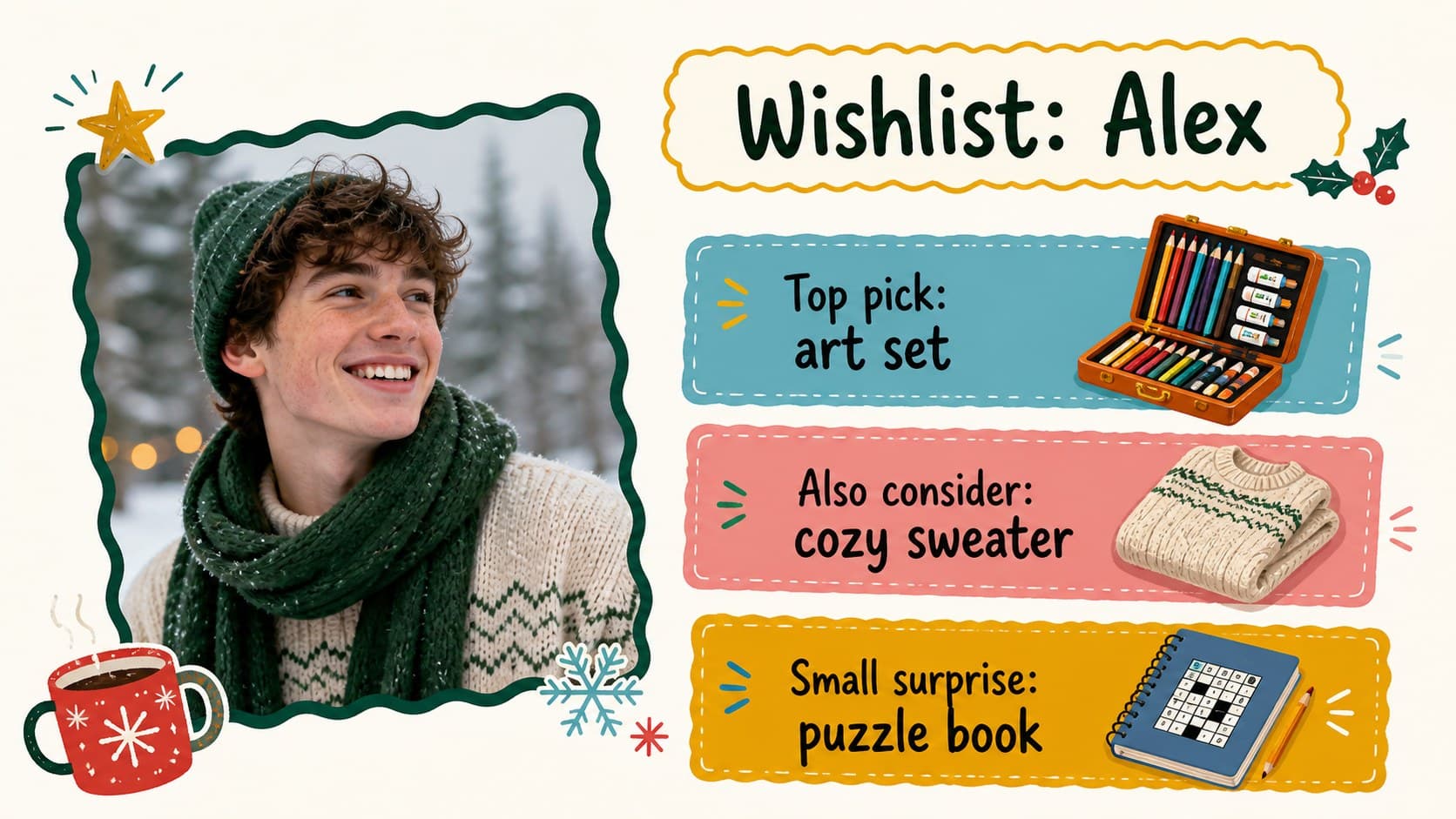 Individual recipient wishlist slide with illustrated placeholders for favorite gifts.