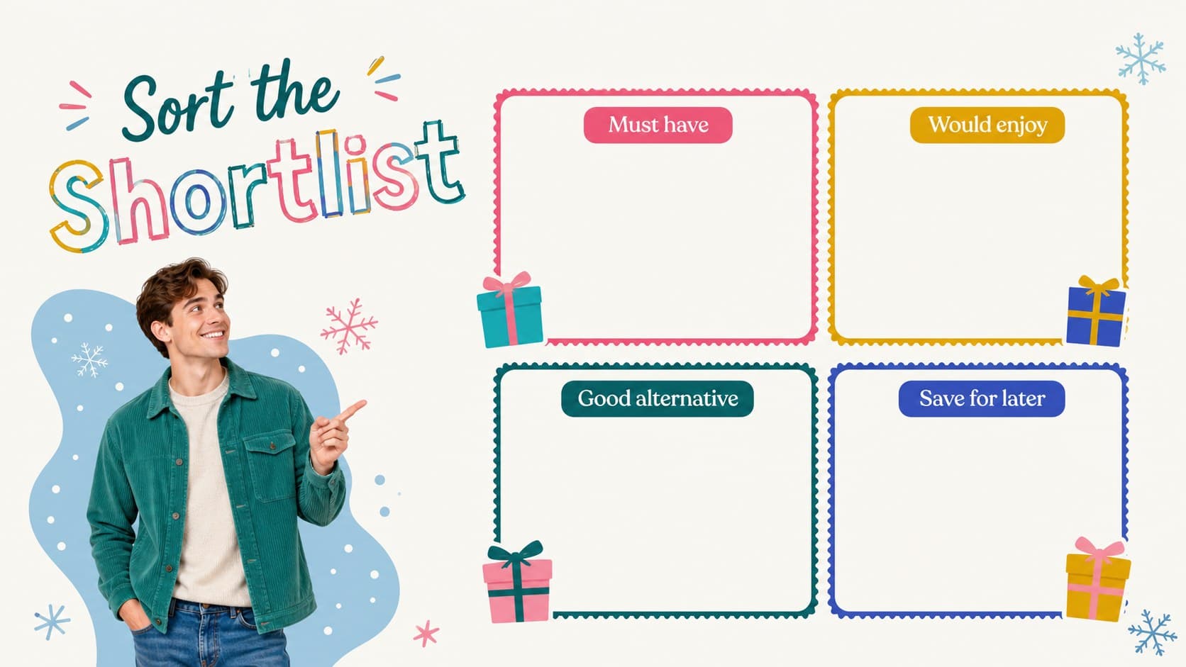 Gift priority matrix slide comparing must-have and nice-to-have Christmas presents.