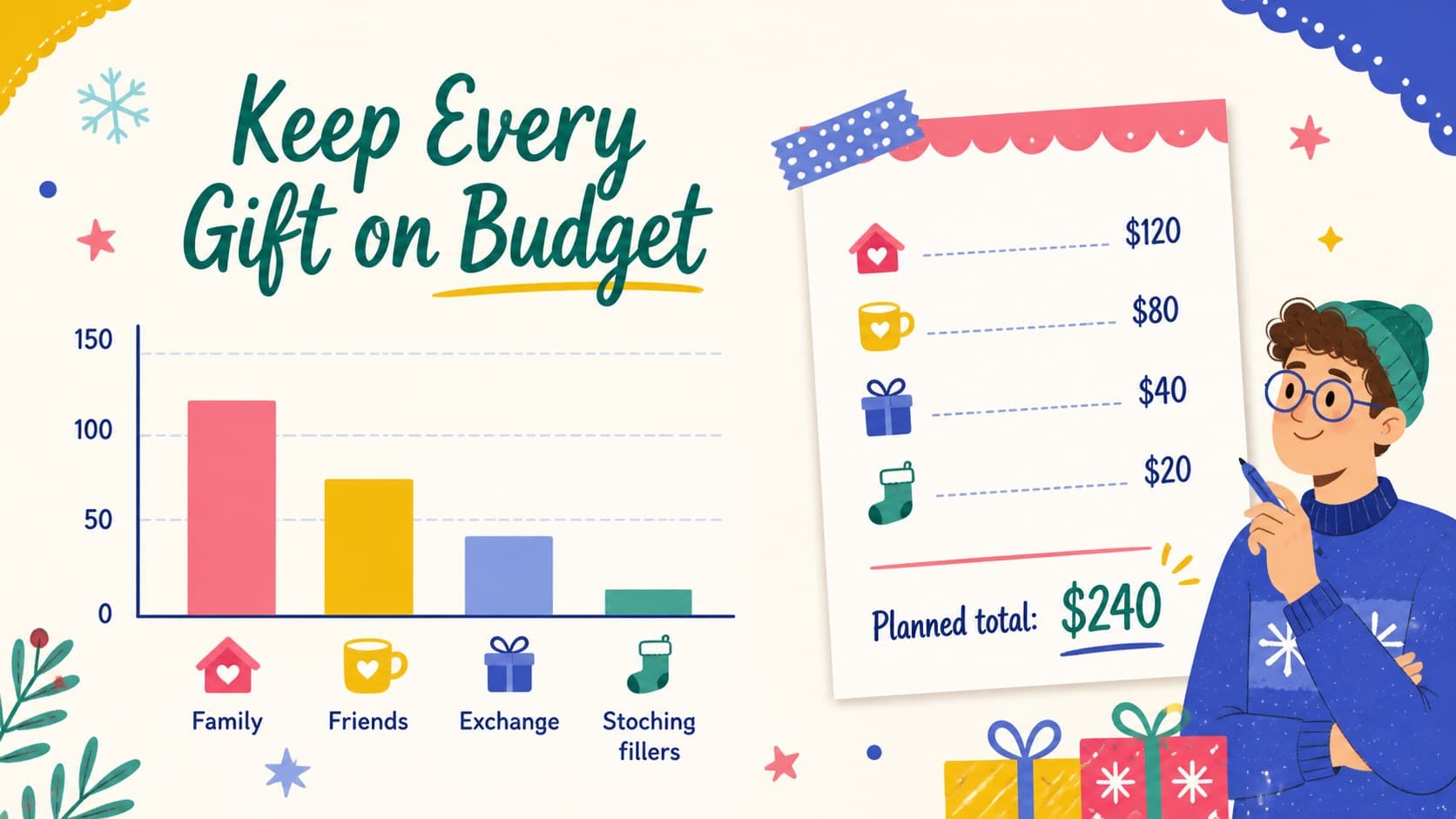Holiday budget tracker slide showing colorful spending categories for family gifts.