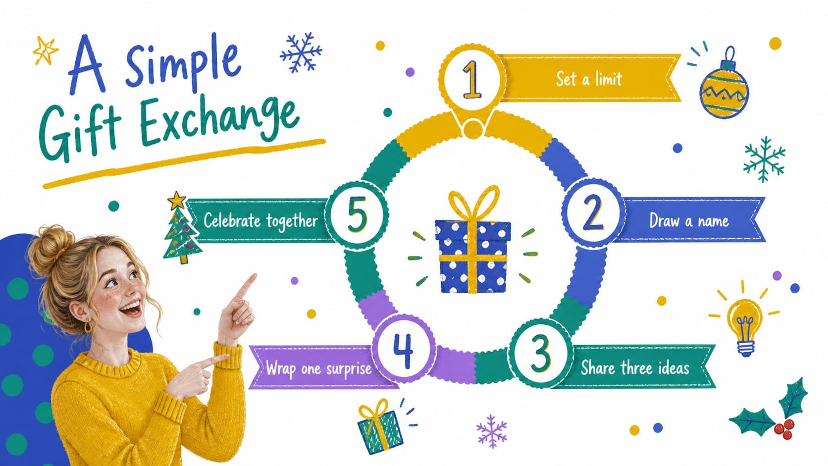 Gift exchange rules slide presenting a friendly holiday activity format for groups.