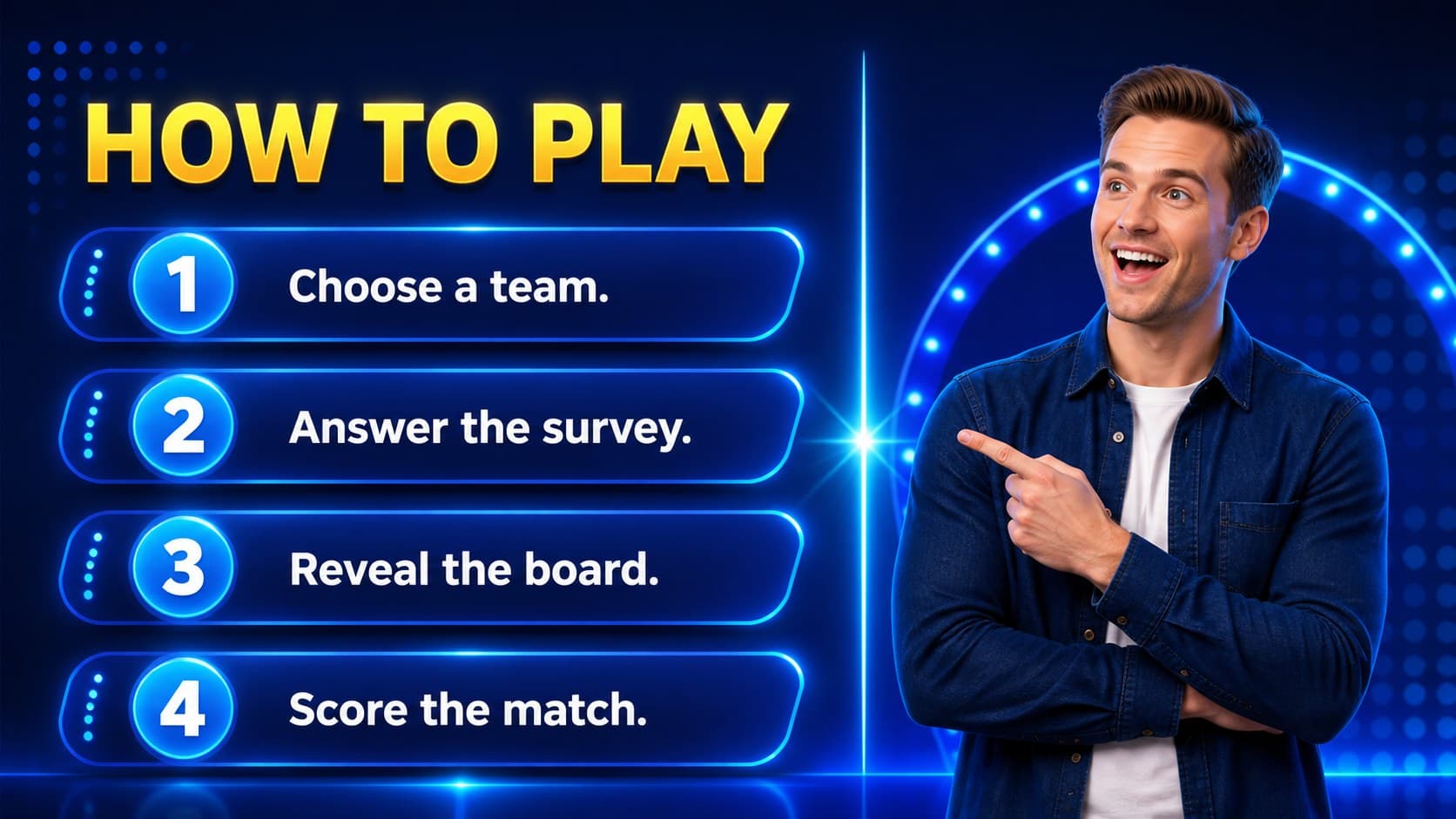 Blue neon rules slide explaining how teams participate in the survey game.