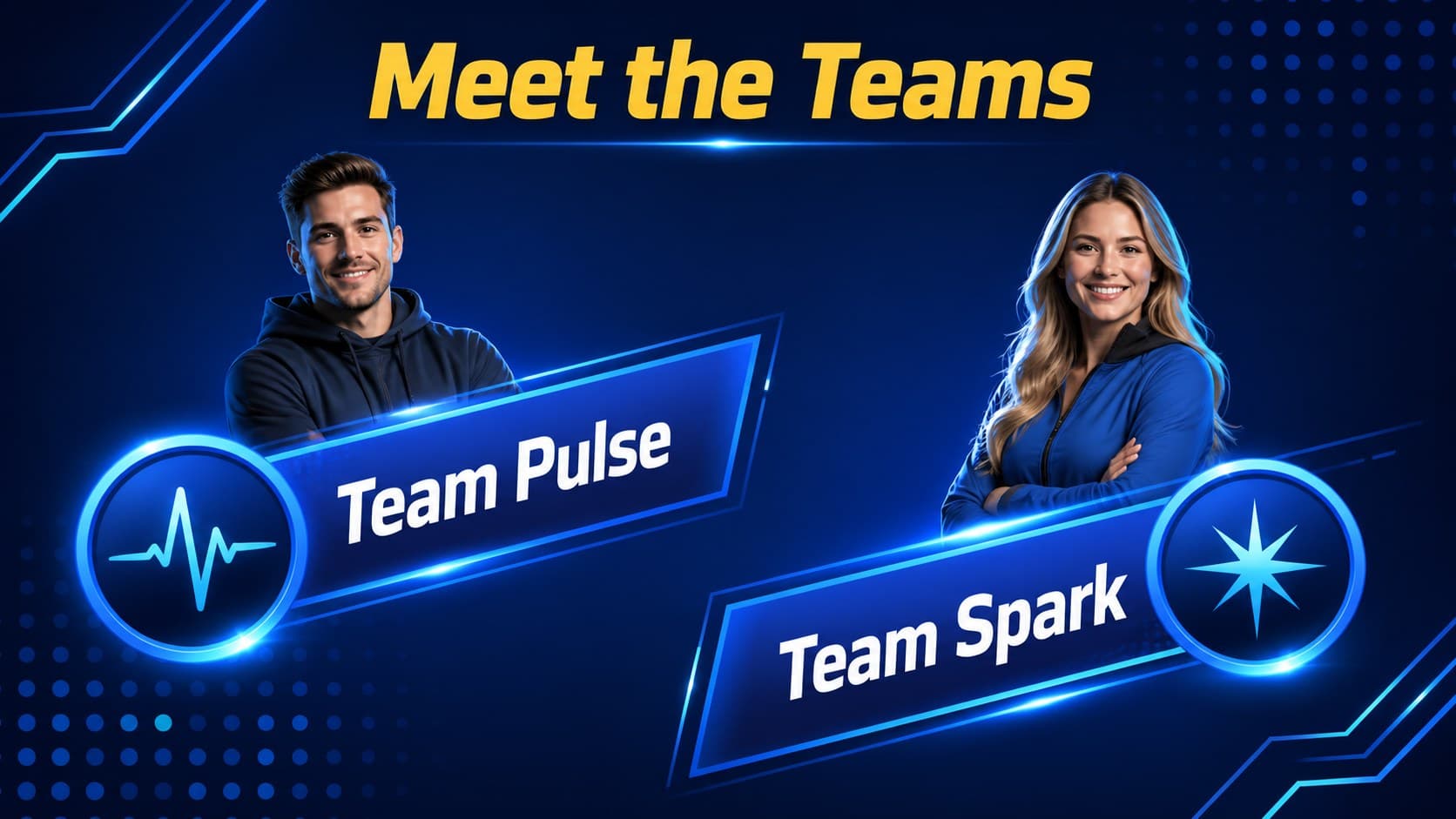 Neon team introduction slide with editable names and colorful competition accents.