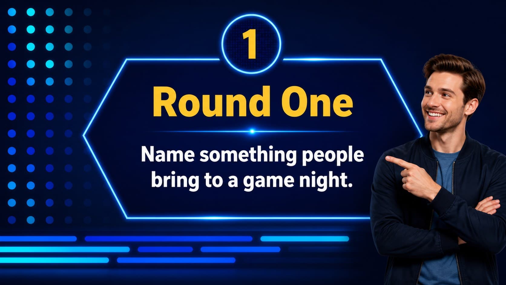 Survey question slide presenting a bold prompt in a dark blue game-show layout.