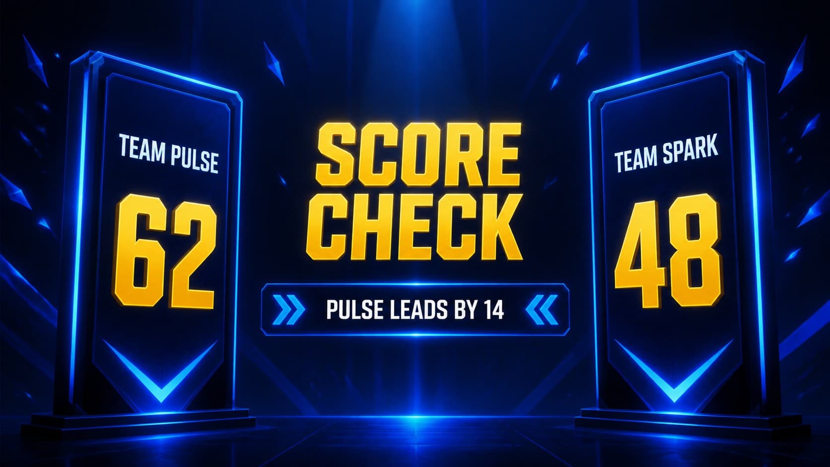 Score update slide with two editable team totals against a neon blue background.