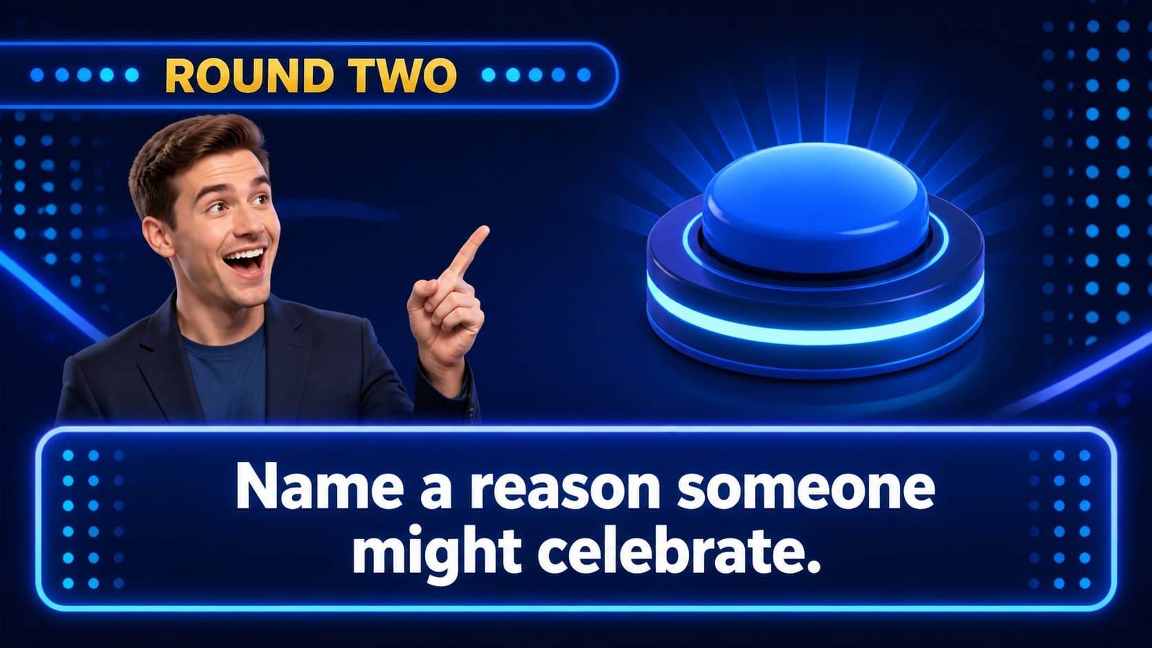Second-round prompt slide for an editable family survey game in glowing blue style.