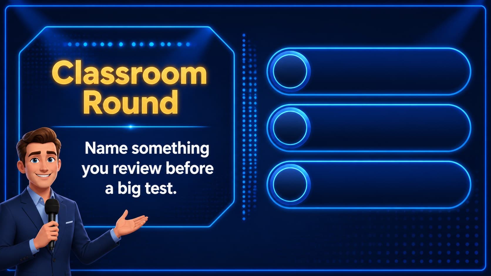 Classroom-friendly survey question slide with a clean neon blue prompt layout.