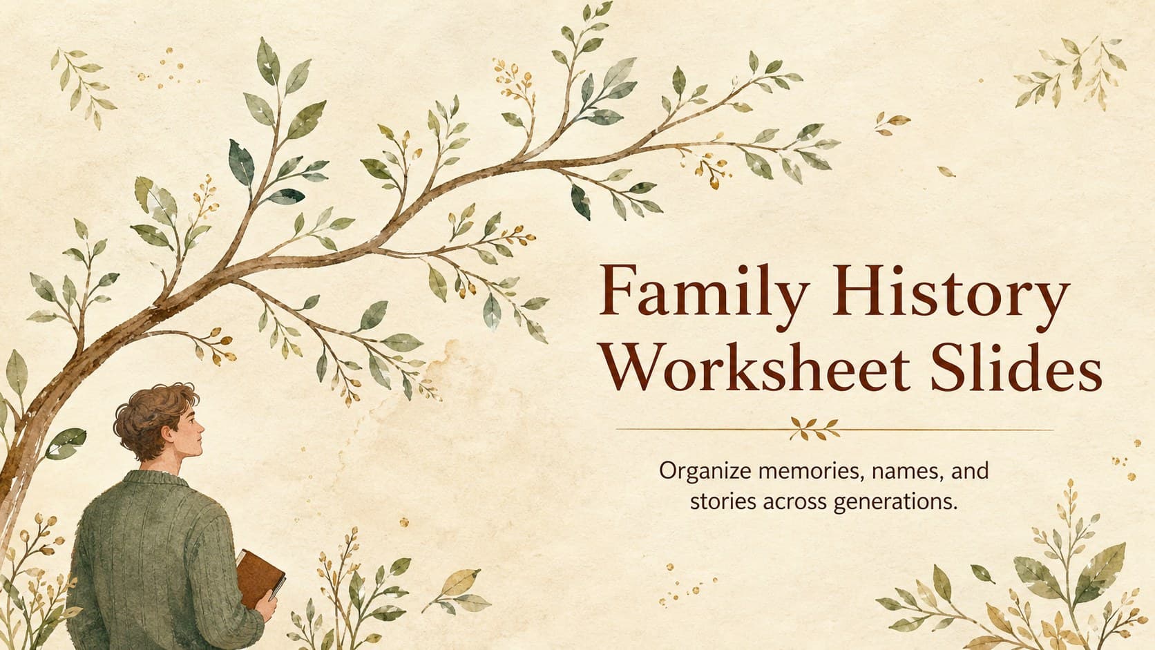 Cover slide for family history worksheet slides with a brown watercolor branch illustration and an elegant heritage title.