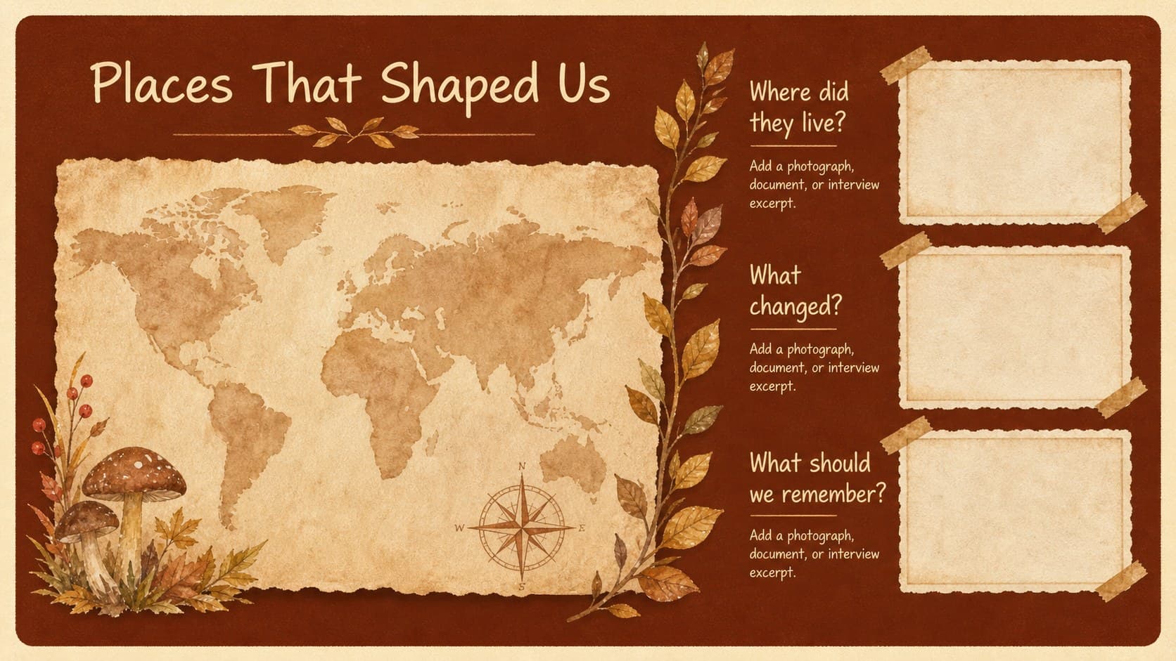 Ancestry project slide with a watercolor map area, archival image frames, and prompts for family memories.