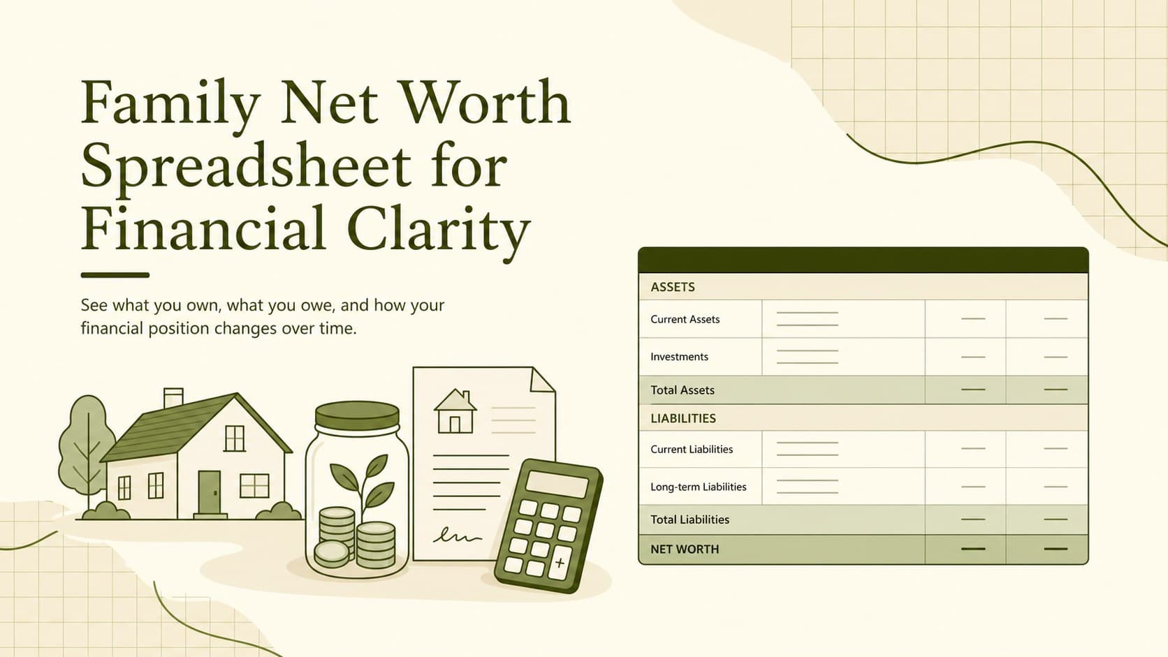 Cover preview for a family net worth spreadsheet in a clean beige and green financial planning style.