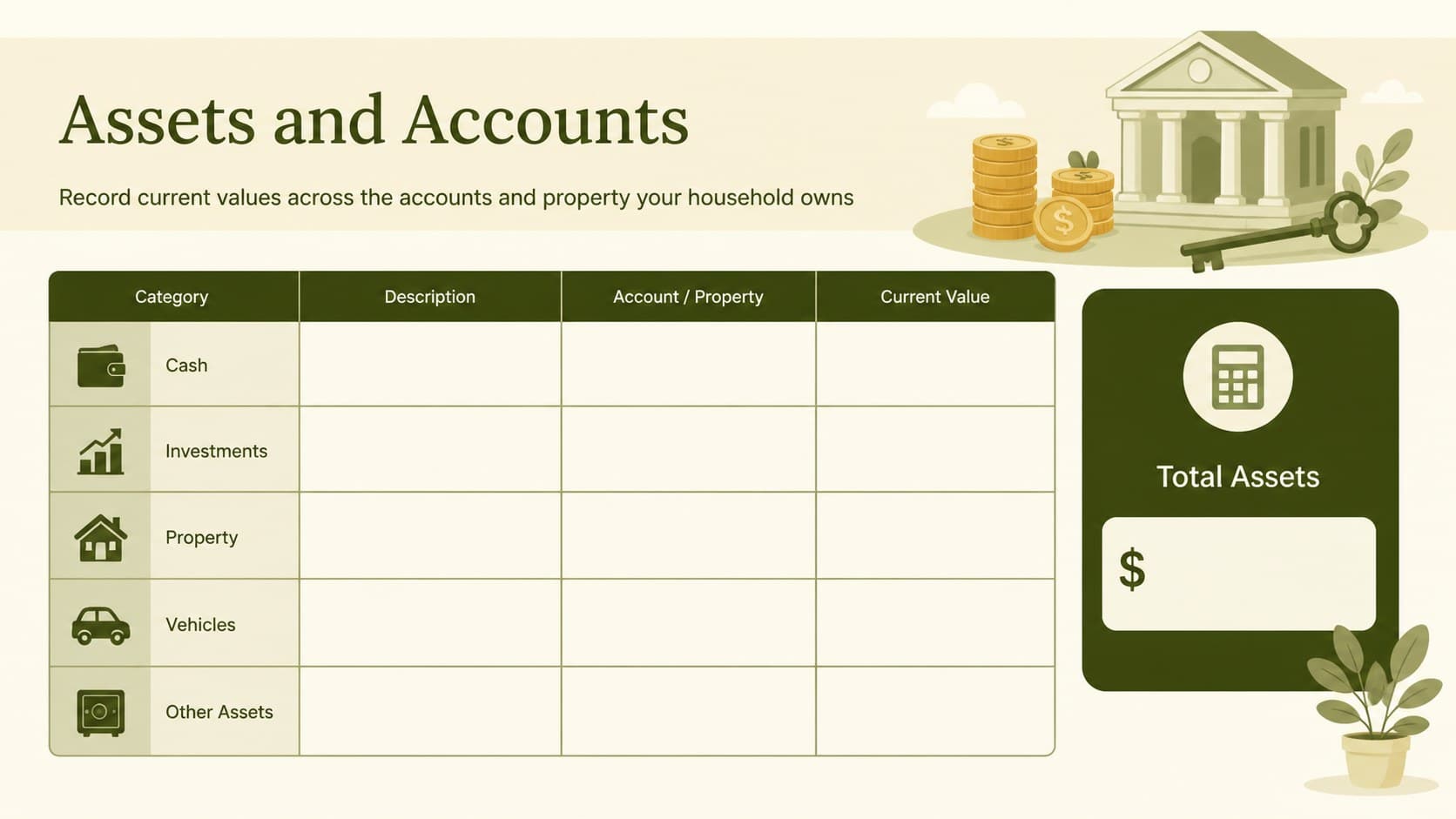 Beige and green home assets and liabilities tracker showing account categories and editable values.
