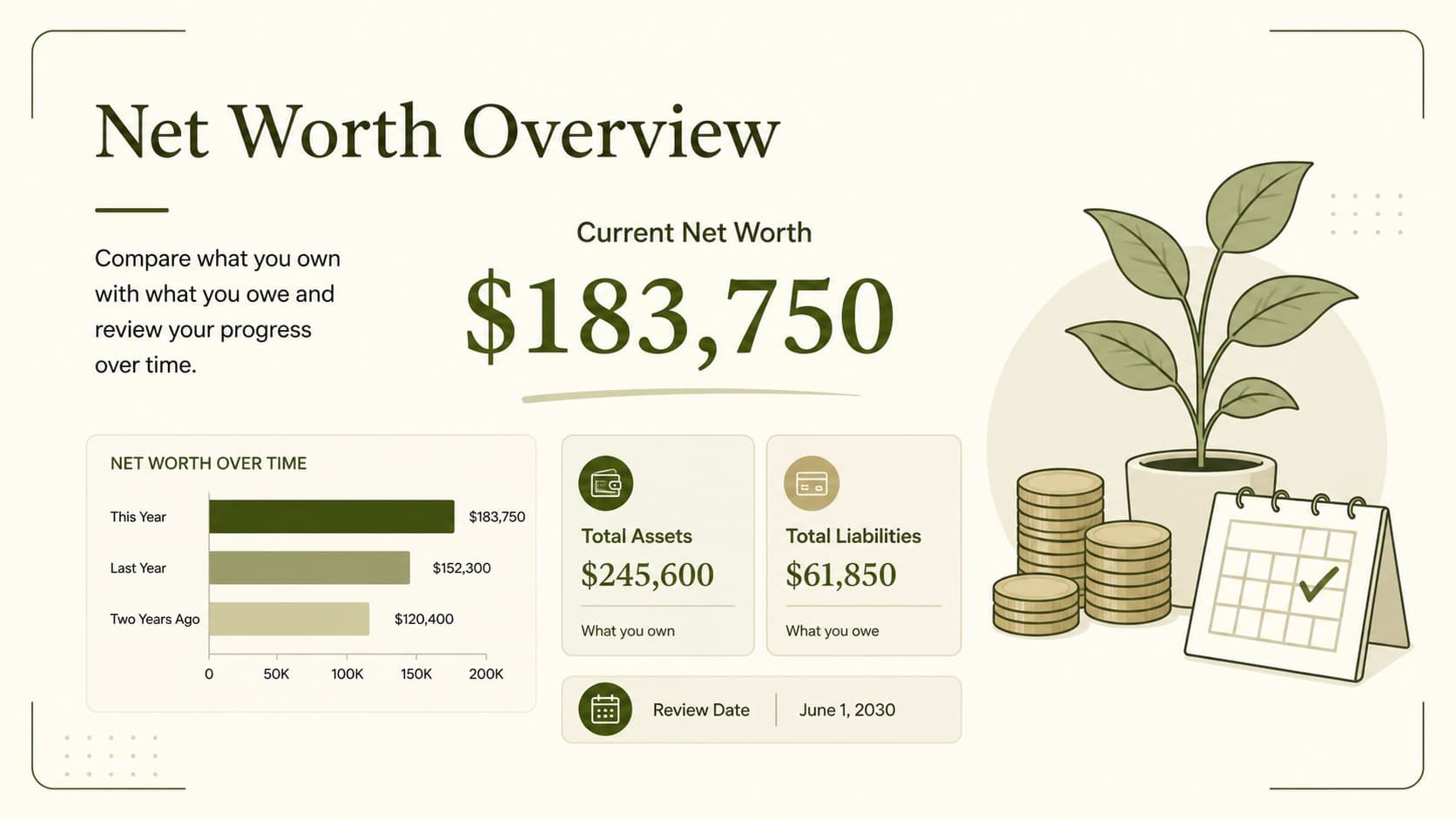 Family financial position template displaying total assets, liabilities, and calculated net worth.