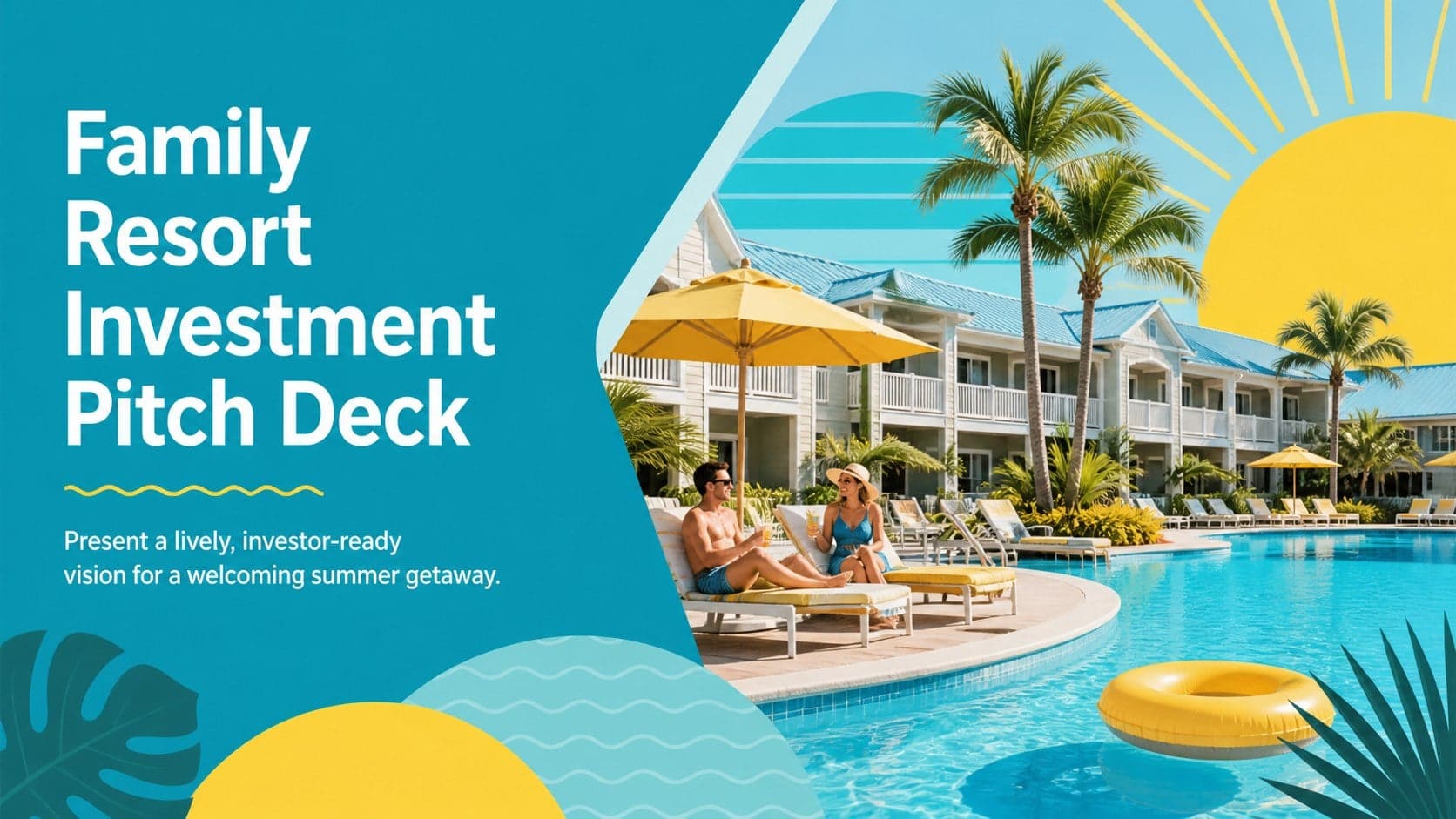Cover of a family resort investment pitch deck featuring a bright summer getaway concept in teal, blue, and yellow.