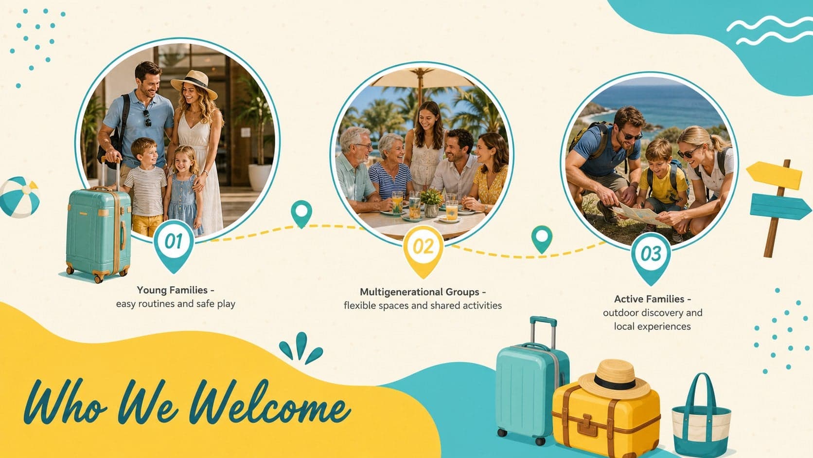 Family vacation resort business proposal slide profiling parents, children, and multigenerational guests.