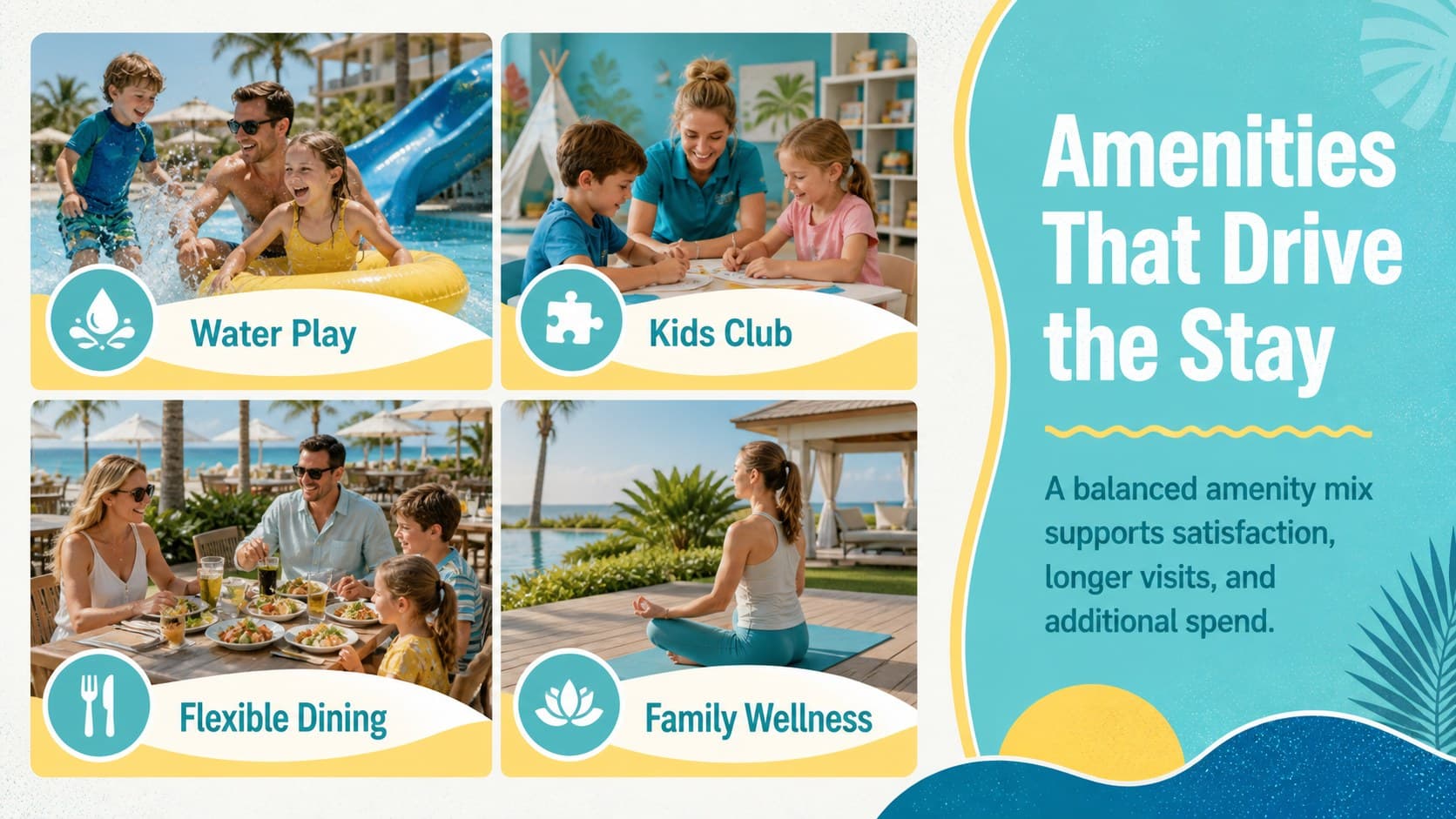 Family hotel business pitch slide highlighting pools, dining, kids activities, and wellness amenities.