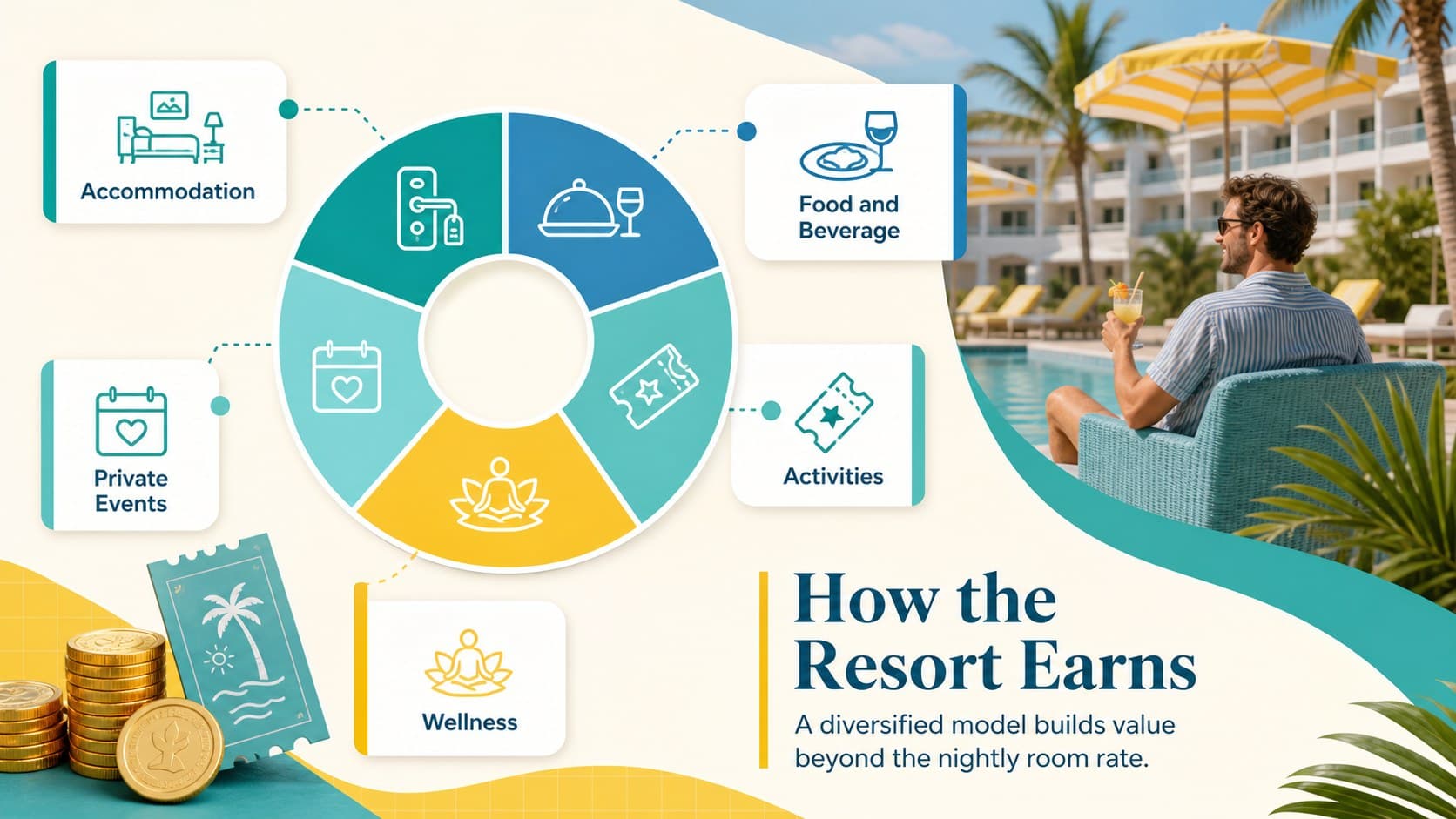 Family resort investment pitch deck slide explaining room, dining, activity, and event revenue streams.