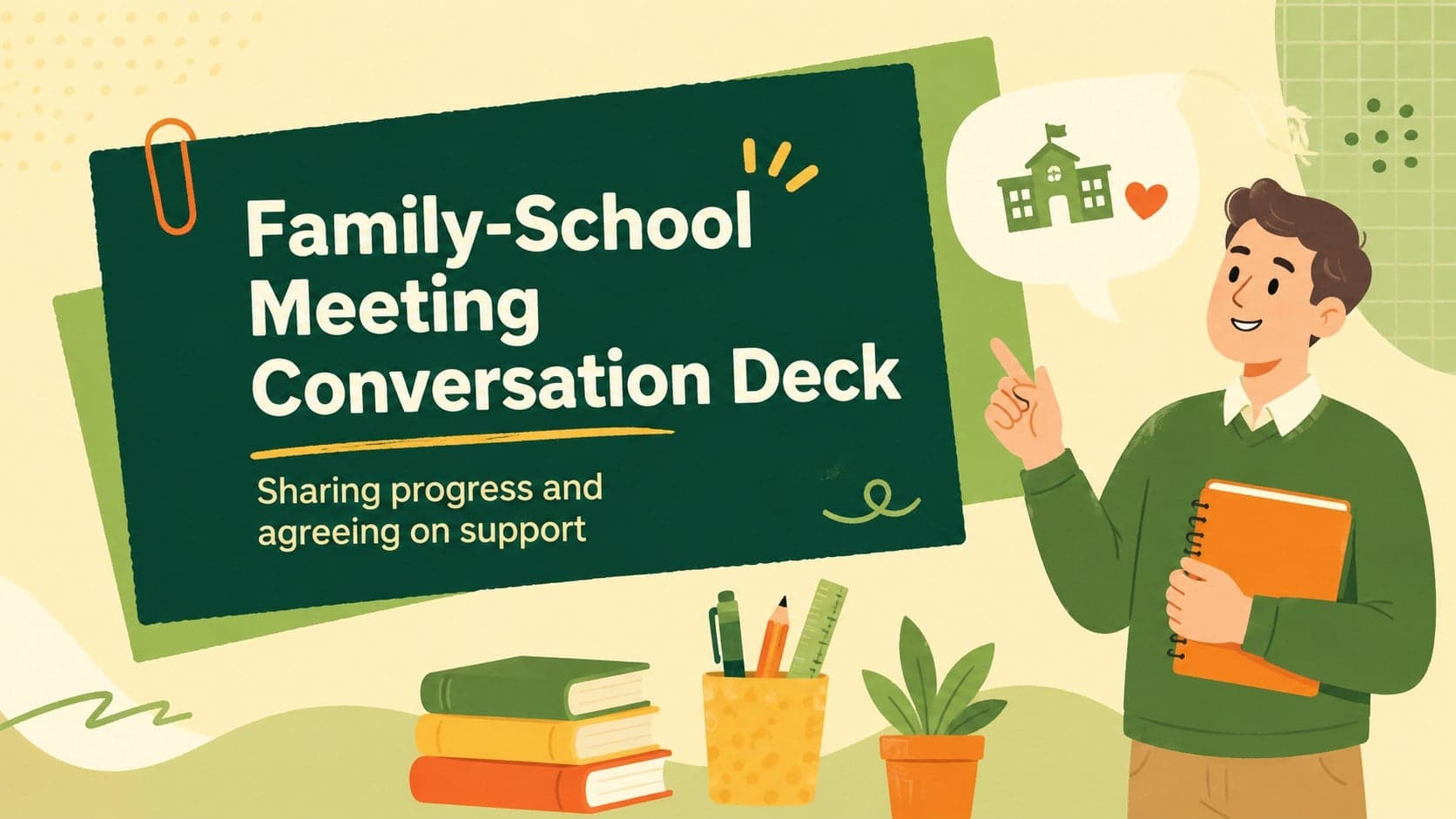 Colorful cover for a family-school meeting conversation deck with cheerful education illustrations.