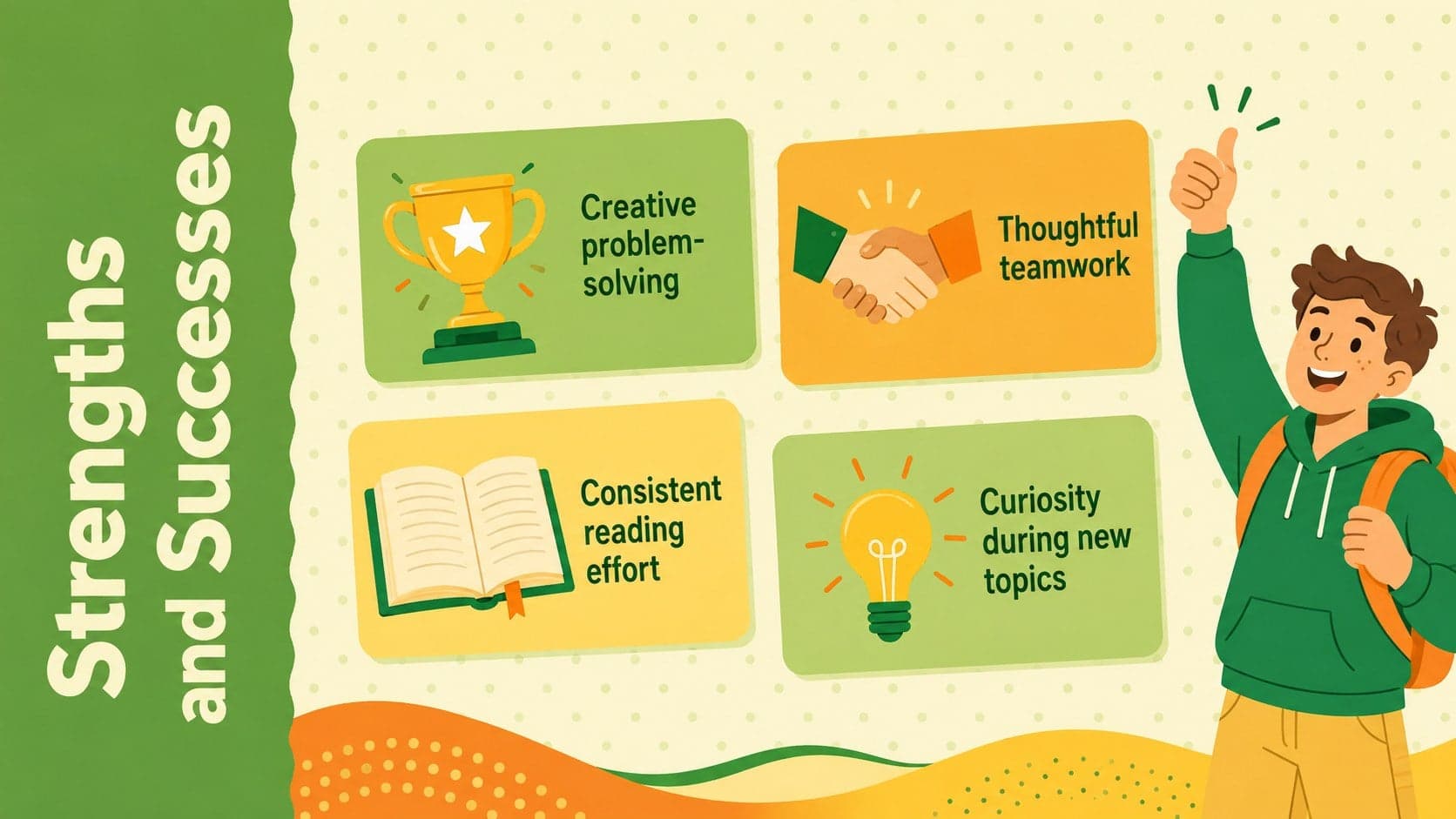 Student strengths and successes slide with colorful illustrated achievement symbols.
