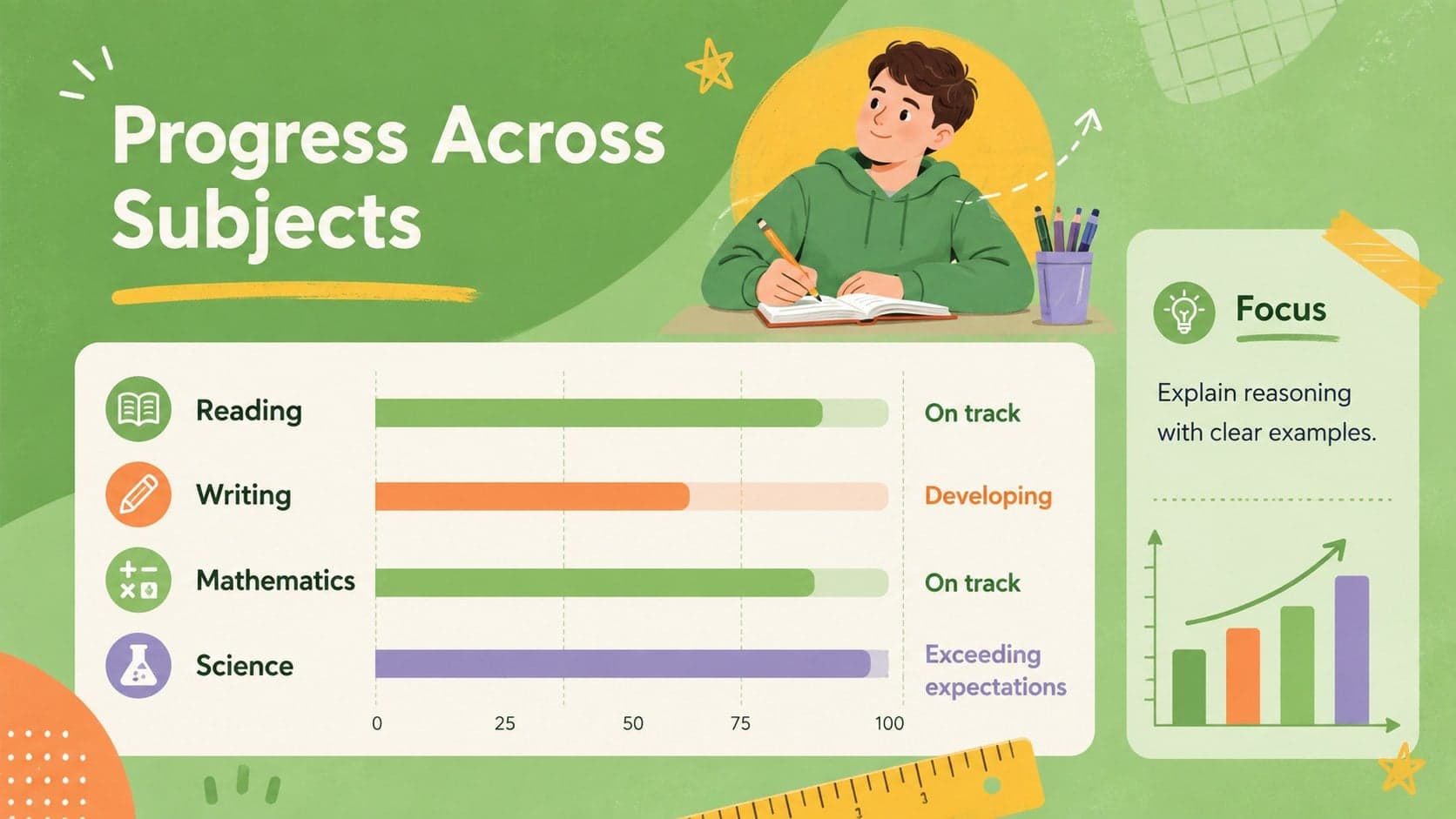 Subject progress overview showing reading, writing, mathematics, and science performance.