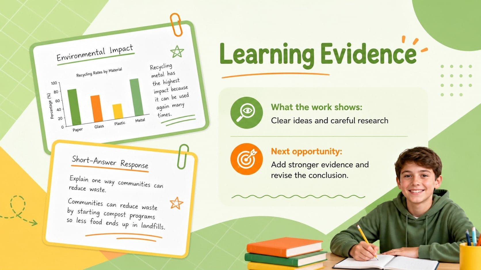 Work sample discussion slide for reviewing student evidence during a parent teacher meeting.