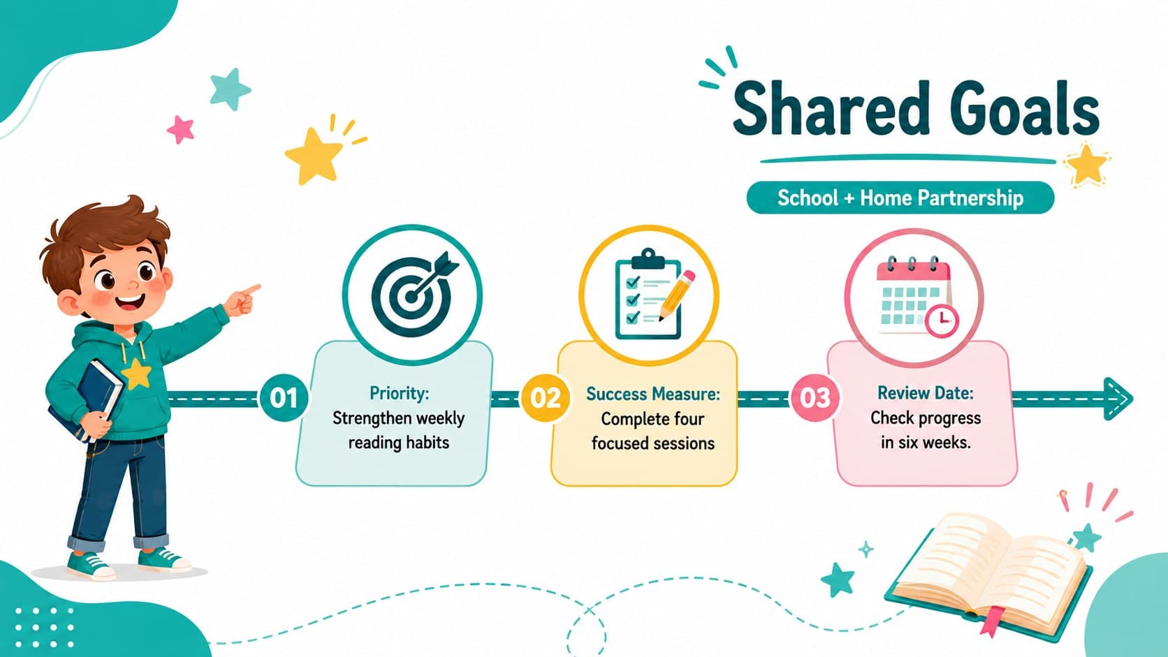 Parent teacher goal setting template with shared priorities, success measures, and target dates.