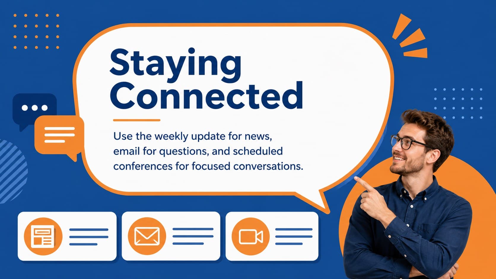 Communication guidelines slide for a parent orientation presentation with clear blue and orange callouts.